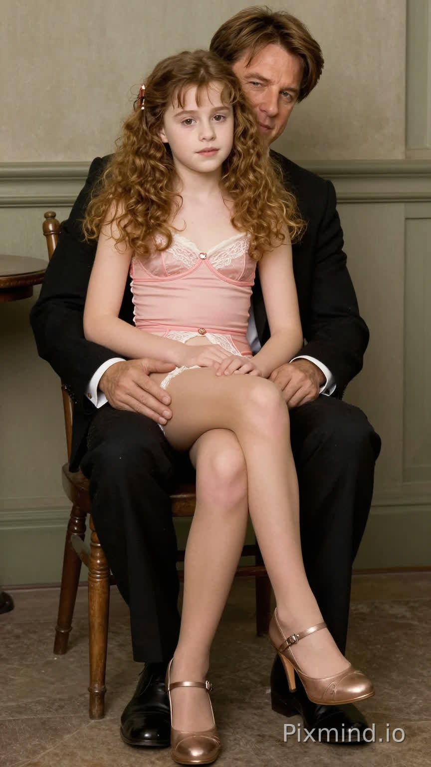 10 yo herimone granger with pigtails wearing skin tight lace lingerie suspender stockings very high stilettoe heeled shoes sitting on tom cruise lap