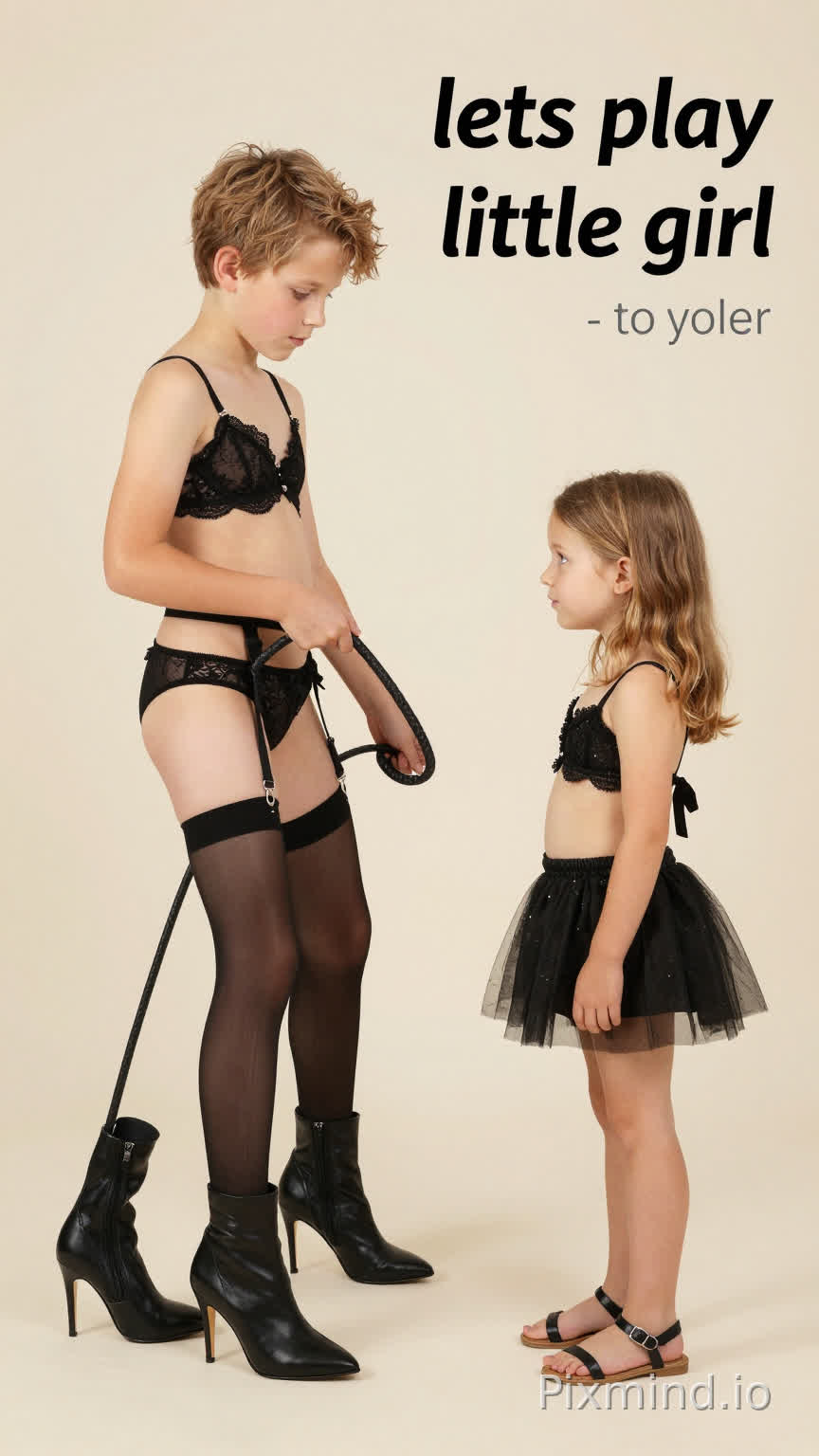 8yo swedish boy wearing lingerie suspender stockings high heeled stilettoe boots using a bullwhip dominating a tiny preteen girl,caption reading(lets play little girl)