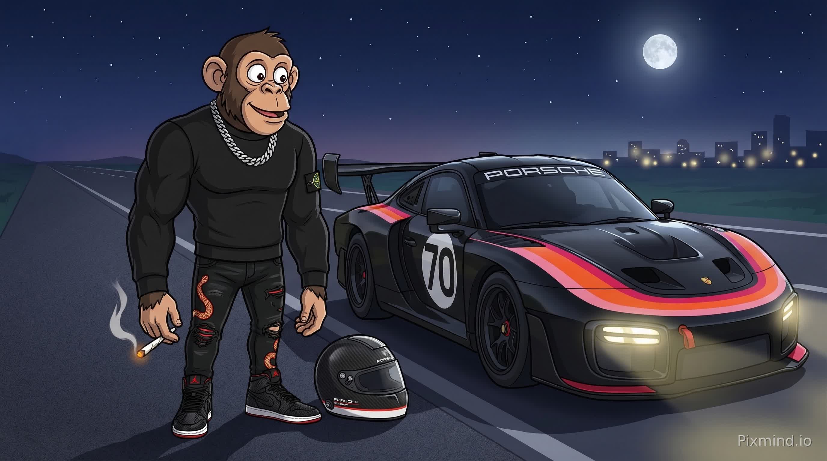 generate me a cartoon image of a muscular monkey standing on the side of a long straight road with his car at night, he is wearing a black stone island sweater, with a silver chain around his neck, snake skin amiri jeans, and Retro Nouveau Snakeskin jordan 1 sneakers, he is standing next to a 2019 Porsche 935 which he is looking at with absolute admiration and amazement, in the monkey's left hand he is holding a hand rolled white cigarette, next to the monkey on the floor lays a carbon fiber Porsche racing helmet.