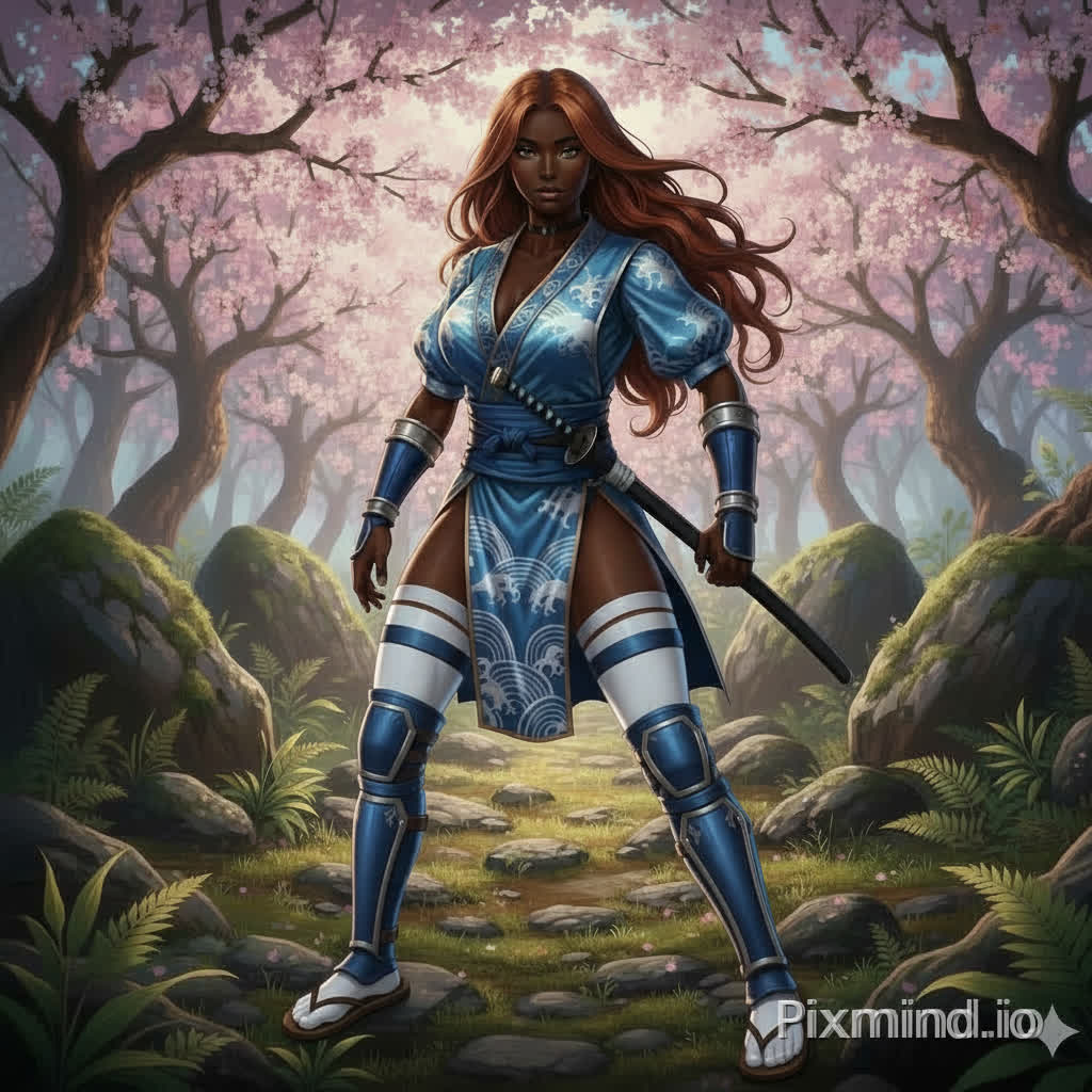 Create standing image of Sakura in same semi-realistic style. Less anime style. Not different art style. She had blue shinguards on her shin. All details are same. Same background.