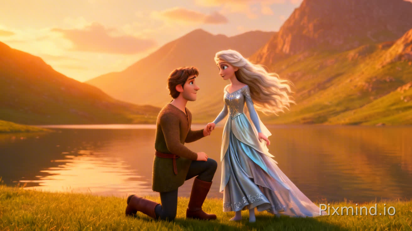 Disney-Pixar 3D wide lakeshore shot, Gwyn kneeling slightly before Lady, mountains behind them, golden sunset tones warming scene.