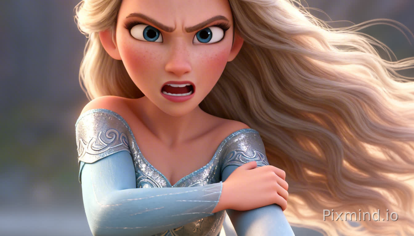 Disney-Pixar 3D tight framing of Gwyn touching her arm sharply, background slightly blurred to focus on tension.