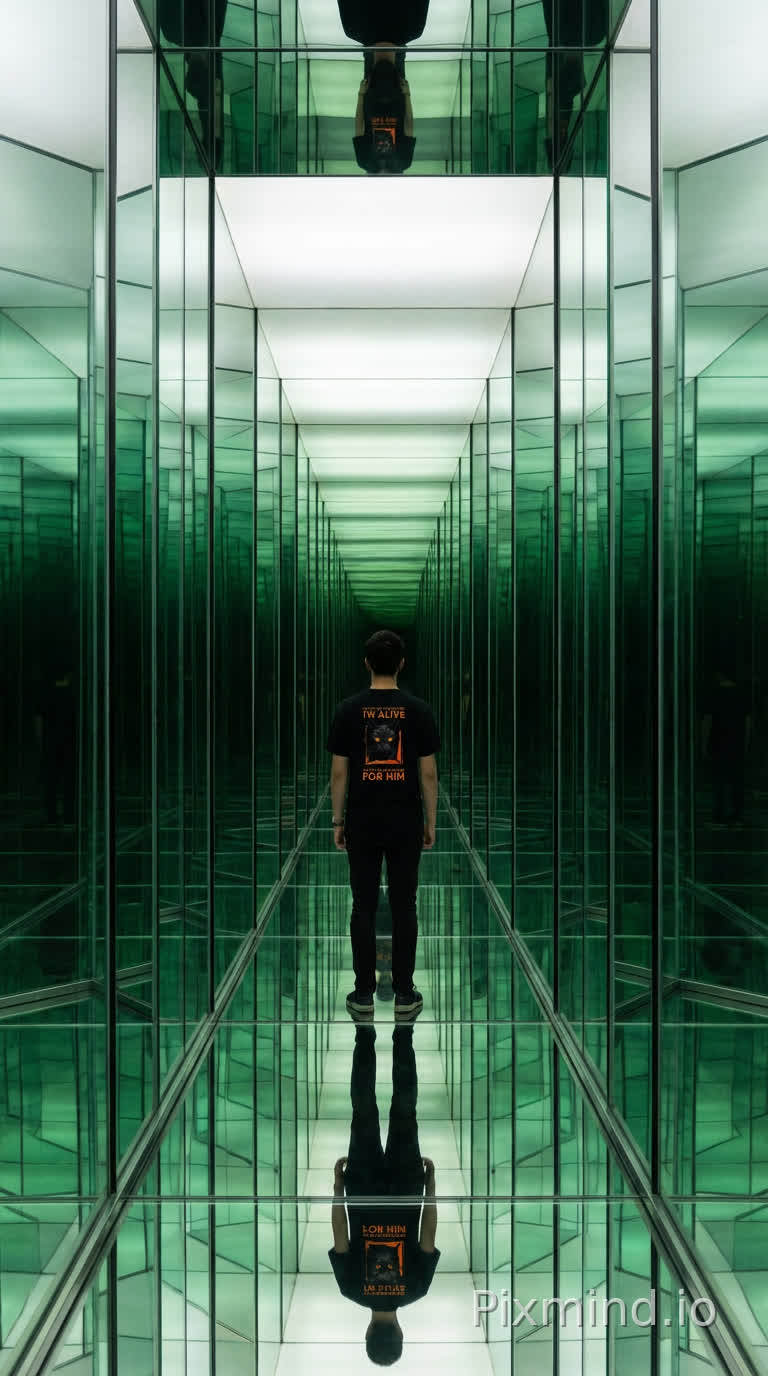 A conceptual art photo of a person standing between two large parallel mirrors. The mirror reflections form an infinitely extending tunnel, fading into the distance. Each layer of reflection becomes slightly dimmer and greenish due to the tint of the glass. The perspective is perfectly linear and converges to a vanishing point. Complex optical effects, stunning, photorealistic.