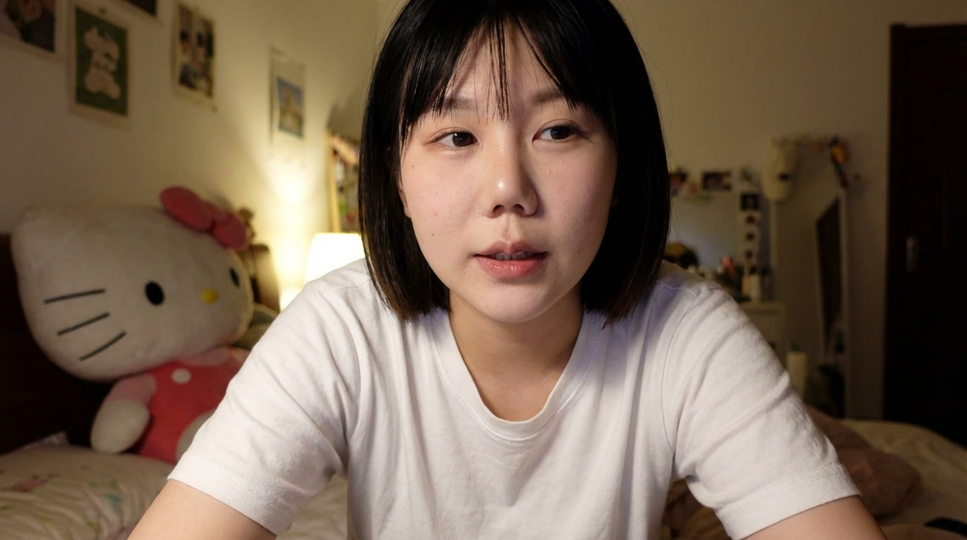 年轻中国女性,25–30 岁人物形象必须强烈、严格参考提供的参考图(reference image)脸型、五官比例、眉眼结构、鼻子与嘴唇形态高度一致,不要生成陌生面孔不要偏离参考图人物不要网红脸。面部用了气垫但是妆感很弱,口红是豆沙色很淡,眉毛用棕色眉粉稍微上色了一些,但是不会很明显,整体是呼吸感的“白开水妆容”,或者“伪素颜”妆效,自然好看五官真实并非完美有生活感有记忆点人物呈现高度写实状态允许存在细微真实瑕疵,例如:轻微卡粉轻微肤色不均但是皮肤没有痘印,有小毛孔不是“完美状态”整体感觉真实、像真实存在的人而不是生成感强的模特短发,齐刘海,自然披散略微凌乱不对称,但也没有特别乱,整体看上去干净利索,,没有疲惫感。
不是精心整理有几缕头发自然垂落在脸侧或锁骨位置呈现深夜居家真实状态自然、随意、有女性魅力表情放松不刻意,管理表情有轻微情绪眼神自然不一直直视镜头偶尔游离像真实聊天中的状态妆容极淡几乎素颜无明显修饰皮肤真实、有毛孔不磨皮不美颜不滤镜穿着休闲白色t恤,而非造型人物坐在床上,床头明确在画面右侧,床尾在画面左侧,床横向贯穿画面人物坐在床靠近中部偏右位置身体正对镜头上半身明显前倾人物与镜头距离非常近脸部在画面中占比偏大增强真实交流与亲密压迫感
镜头位于人物正前方与人物眼睛同一高度正面构图(frontal shot)非自拍画面中不出现相机或手机。
背景为女生卧室床铺自然、不刻意整理床上有一个“超大的hellokitty毛绒玩偶”玩偶体积明显偏大占据床铺一部分空间具有强陪伴感不是装饰品像长期存在的生活物件,但是没有明显脏污。墙面为女生卧室可见真实生活痕迹例如:挂画略有不齐墙面有生活使用感装饰不完全对称整体真实,不“样板间”整体色调偏暖或中性真实色彩不做风格化调色不暖黄不暧昧滤镜不过度科技感偏真实夜晚光线夜晚环境主光源为黄色或中性灯光光线略不均匀允许轻微阴影符合真实卧室照明,但是很温馨的氛围,不追求完美补光胸部以上或偏近景构图脸部细节清晰背景轻微虚化画面有真实呼吸感写实摄影风格偏纪录感偏生活影像允许不完美非商业广告非摆拍非棚拍
no table visibleno camera visibleno selfie angleno beauty filterno overly perfect skinno overly perfect lightingraw realismintimate proximityimperfect beautyfemale authenticityquiet, real nighttime bedroom atmosphere