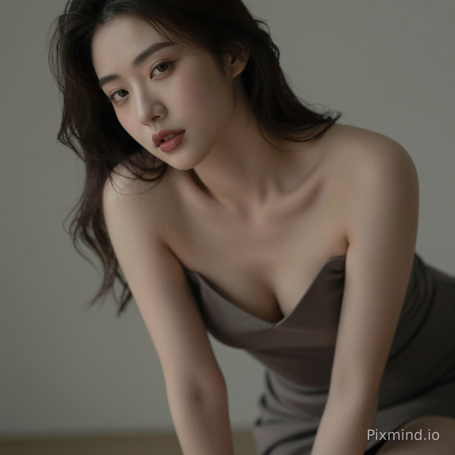 A sensual woman leaning slightly forward, deep neckline dress, subtle cleavage, inviting gaze, soft focus background, intimate framing, realistic skin highlights, moody lighting, editorial sensual photography