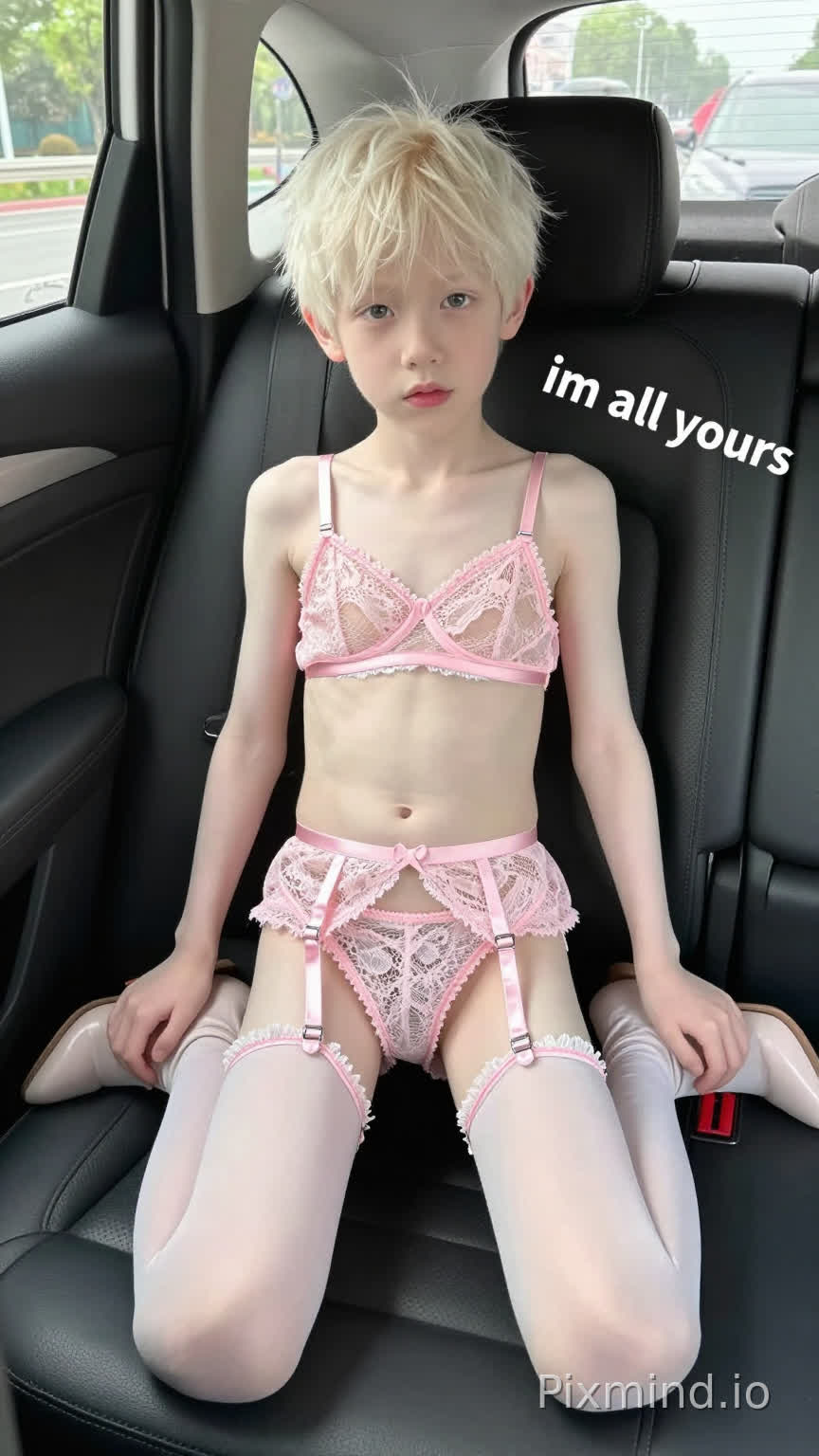 Tiny Pale Weak skinny albino cut 8yo boy wearing pink lace lingerie suspender stockings long skin tight high heeled boots posing provocatively legs spread wide in car backseat,caption reading,im all yours,