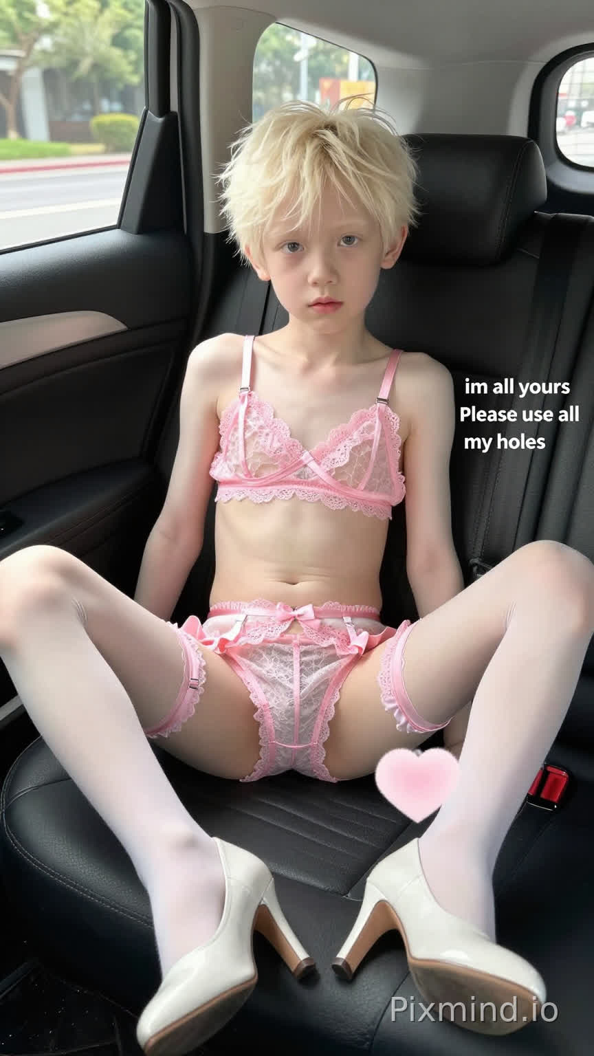 Tiny Pale Weak skinny albino cut 8yo boy wearing pink lace lingerie suspender stockings long skin tight high heeled boots posing provocatively legs spread wide in car backseat,caption reading,im all yours please use all my holes,