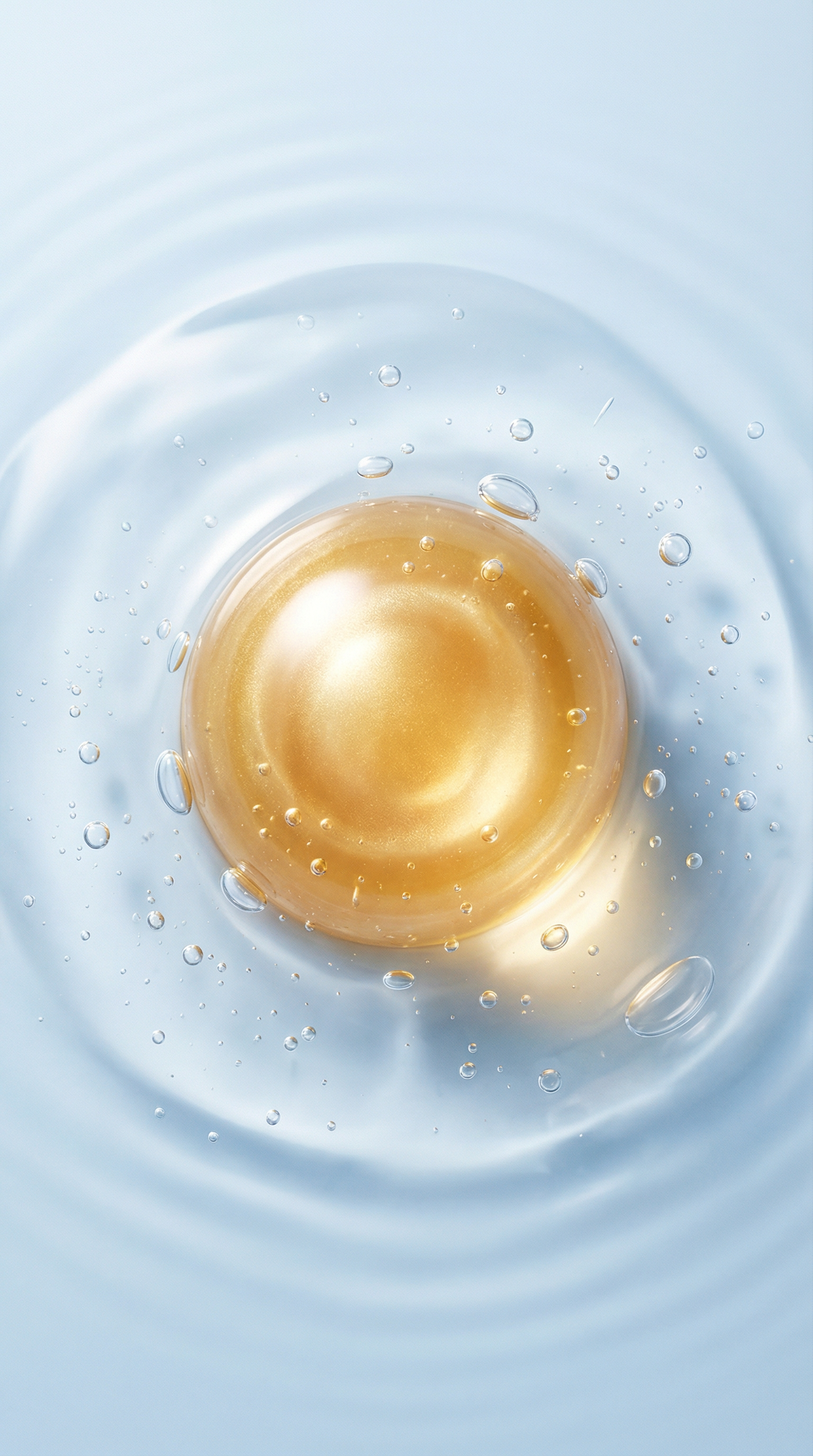 The center of the image focuses on a round, resplendent golden essence bead, seemingly containing core energy of deep nourishment, with a delicate luster flowing across its surface. It is surrounded by crystal-clear, dew-like liquid, presenting a silky texture full of fluidity; countless tiny bubbles and pure water droplets are suspended within, showcasing ultimate lubrication and moisturizing properties. The background features a pale blue dreamy gradient tone, accompanied by gently spreading water ripples, creating a fresh, gentle, and intimate atmosphere of healthy aesthetics. The lighting utilizes soft, bright professional studio lighting, emphasizing the transparency, glossiness, and Subsurface Scattering of the liquid, perfectly capturing the light refraction on the water droplets and the golden bead to form a translucent and vivid visual effect. The composition is exquisite, adopting a macro photography perspective to display complex liquid texture details. The overall style combines high-end commercial product photography with hyper-realistic 3D rendering, featuring delicate and lifelike image quality that conveys a sensory experience of hydration, care, and gentleness. 8k resolution, ultra-high definition, ray tracing, extreme details, masterpiece, C4D rendering.