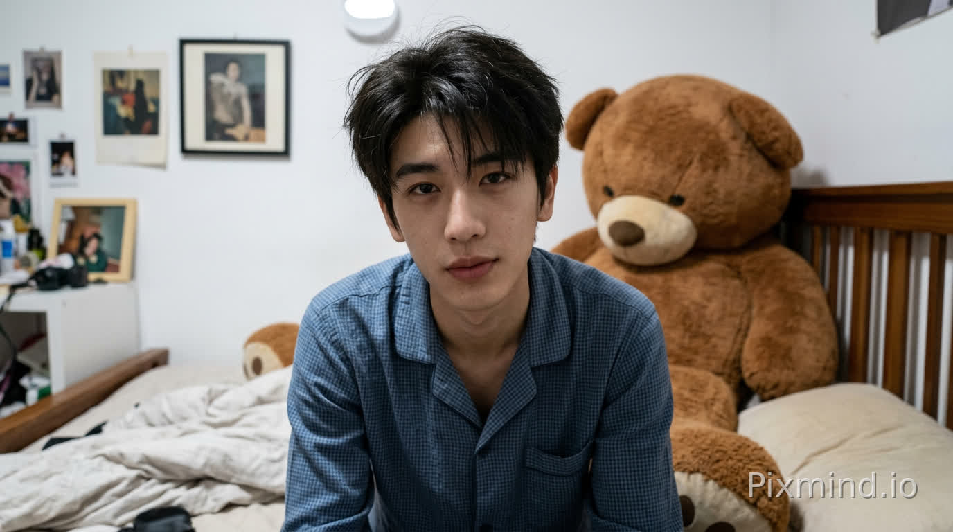 年轻中国男性,25-30岁人物形象必须强烈、严格参考提供的参考图(reference image)脸型、五官比例、眉眼结构、鼻子与嘴唇形态高度一致,不要生成陌生面孔不要偏离参考图人物不要网红脸。
自然好看五官真实并非完美,有生活感,人物呈现高度写实状态,允许存在细微真实瑕疵,例如:轻微黑眼圈轻微肤色不均,整体感觉真实、像真实存在的人而不是生成感强的,不要有痘痘或者痘印no acne and no acne marks。短发自然,略微凌乱不对称,有几缕头发额头,呈现深夜居家真实状态自然、随意、表情放松不刻意。
管理表情有轻微情绪眼神自然,不一直直视镜头偶尔游离像真实聊天中的状态妆容极淡几乎素颜无明显修饰皮肤真实、不磨皮不美颜不滤镜。
穿着休闲居家睡衣,床头明确在画面右侧,床尾在画面左侧,床横向贯穿画面,人物坐在床靠近中部偏右位置,身体正对镜头上半身明显前倾,人物与镜头距离非常近,脸部在画面中占比偏大,增强真实交流感与亲密感,镜头位于人物正前方与人物眼睛同一高度正面构图(frontal shot)非自拍画面中不出现相机或手机。
背景为男生卧室,床铺自然、不刻意整理床上有一个“超大的毛绒玩偶”玩偶体积明显偏大占据床铺一部分空间具有强陪伴感不是装饰品像长期存在的生活物件墙面为男生卧室可见真实生活痕迹例如:挂画略有不齐,墙面有生活使用感,装饰不完全对称整体真实,不“样板间”,整体色调偏冷或中性,真实色彩不做风格化调色,不暖黄不暧昧,滤镜不过度科技感,偏真实夜晚光线夜晚环境,主光源为白色或中性灯光,光线略不均匀允许轻微阴影,符合真实卧室照明,不追求完美补光。
胸部以上或偏近景构图,脸部细节清晰,背景轻微虚化,画面有真实呼吸感,写实摄影风格,偏纪录生活感影像,允许不完美,非商业广告非摆拍非棚拍
no table visible no camera visible ,no selfie angle, no beauty filter ,no overly perfect skin no overly perfect lighting raw realism intimate proximity imperfect beauty quiet, real nighttime bedroom atmosphere
