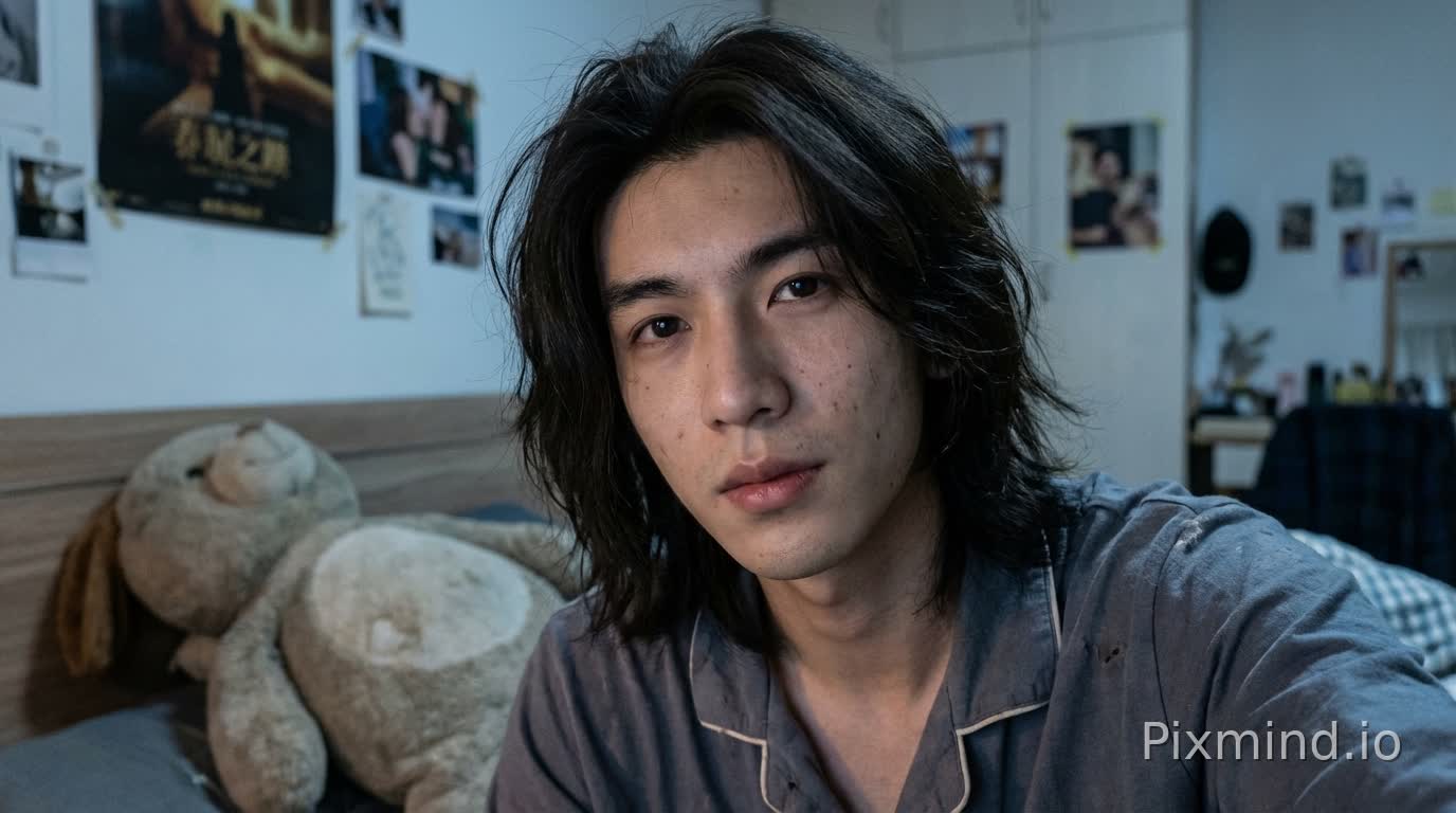 年轻中国男,25-30岁人物形象必须强烈、严格参考提供的参考图(reference image)脸型、五官比例、眉眼结构、鼻子与嘴唇形态高度一致,不要生成陌生面孔不要偏离参考图人物不要网红脸。自然好看五官真实并非完美有生活感有记忆点人物呈现高度写实状态允许存在细微真实瑕疵,例如;轻微黑眼圈轻微肤色不均小痘印或细小毛孔不是“完美状态”整体感觉真实、像真实存在的人而不是生成感强的模特长发自然披散略微凌乱不对称。
不是精心整理有几缕头发自然垂落在脸侧或锁骨位置呈现深夜居家真实状态自然、随意、表情放松不刻意,管理表情有轻微情绪眼神自然不一直直视镜头偶尔游离像真实聊天中的状态妆容极淡几乎素颜无明显修饰皮肤真实、有毛孔不磨皮不美颜不滤镜穿着休闲居家睡衣,而非造型人物坐在床上,床头明确在画面右侧,床尾在画面左侧,床横向贯穿画面人物坐在床靠近中部偏右位置身体正对镜头上半身明显前倾人物与镜头距离非常近脸部在画面中占比偏大增强真实交流与亲密压迫感
镜头位于人物正前方与人物眼睛同一高度正面构图(frontal shot)非自拍画面中不出现相机或手机。背景为男生卧室,床铺自然、不刻意整理床上有一个“超大的毛绒玩偶”玩偶体积明显偏大占据床铺一部分空间具有强陪伴感不是装饰品像长期存在的生活物件墙面为女生卧室可见真实生活痕迹例如:挂画略有不齐墙面有生活使用感装饰不完全对称整体真实,不“样板间”整体色调偏冷或中性真实色彩不做风格化调色不暖黄不暧昧滤镜不过度科技感偏真实夜晚光线夜晚环境主光源为白色或中性灯光光线略不均匀允许轻微阴影符合真实卧室照明不追求完美补光胸部以上或偏近景构图脸部细节清晰背景轻微虚化画面有真实呼吸感写实摄影风格偏纪录感偏生活影像允许不完美非商业广告非摆拍非棚拍
no table visible no camera visible no selfie angle no beauty filter no overly perfect skin no overly perfect lighting raw realism intimate proximity imperfect beauty quiet, real nighttime bedroom atmosphere