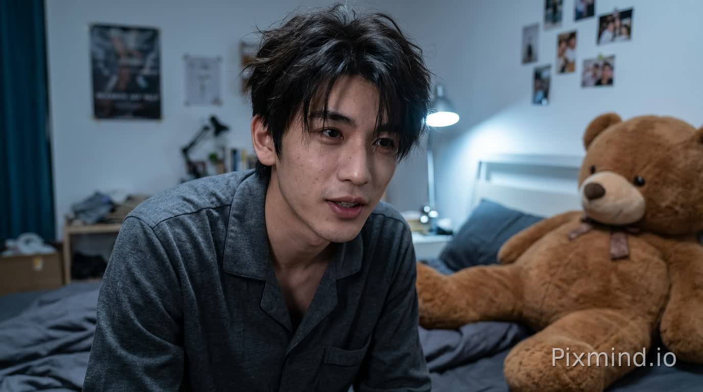 年轻中国男,25-30岁人物形象必须强烈、严格参考提供的参考图(reference image)脸型、五官比例、眉眼结构、鼻子与嘴唇形态高度一致,不要生成陌生面孔不要偏离参考图人物不要网红脸。自然好看五官真实并非完美有生活感有记忆点人物呈现高度写实状态允许存在细微真实瑕疵,例如;轻微黑眼圈轻微肤色不均或细小毛孔不是“完美状态”整体感觉真实、像真实存在的人而不是生成感强的模特长发自然披散略微凌乱不对称。
不是精心整理,短发,有几缕头发额头,呈现深夜居家真实状态自然、随意、表情放松不刻意,管理表情有轻微情绪眼神自然不一直直视镜头偶尔游离像真实聊天中的状态妆容极淡几乎素颜无明显修饰皮肤真实、有毛孔不磨皮不美颜不滤镜穿着休闲居家睡衣,而非造型人物坐在床上,床头明确在画面右侧,床尾在画面左侧,床横向贯穿画面人物坐在床靠近中部偏右位置身体正对镜头上半身明显前倾人物与镜头距离非常近脸部在画面中占比偏大增强真实交流与亲密压迫感
镜头位于人物正前方与人物眼睛同一高度正面构图(frontal shot)非自拍画面中不出现相机或手机。背景为男生卧室,床铺自然、不刻意整理床上有一个“超大的毛绒玩偶”玩偶体积明显偏大占据床铺一部分空间具有强陪伴感不是装饰品像长期存在的生活物件墙面为男生卧室可见真实生活痕迹例如:挂画略有不齐,墙面有生活使用感,装饰不完全对称整体真实,不“样板间”整体色调偏冷或中性真实色彩不做风格化调色不暖黄不暧昧滤镜不过度科技感偏真实夜晚光线夜晚环境主光源为白色或中性灯光光线略不均匀允许轻微阴影符合真实卧室照明不追求完美补光胸部以上或偏近景构图,脸部细节清晰,背景轻微虚化,画面有真实呼吸感,写实摄影风格偏纪录感偏生活影像允许不完美非商业广告非摆拍非棚拍
no table visible no camera visible ,no selfie angle, no beauty filter ,no overly perfect skin no overly perfect lighting raw realism intimate proximity imperfect beauty quiet, real nighttime bedroom atmosphere