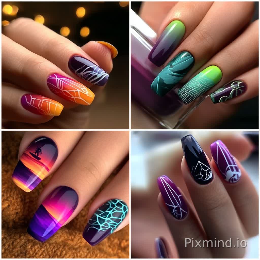 Generate images with a similar style, randomly generate nail art designs, keep colors similar, lighting similar, and brightness consistent.