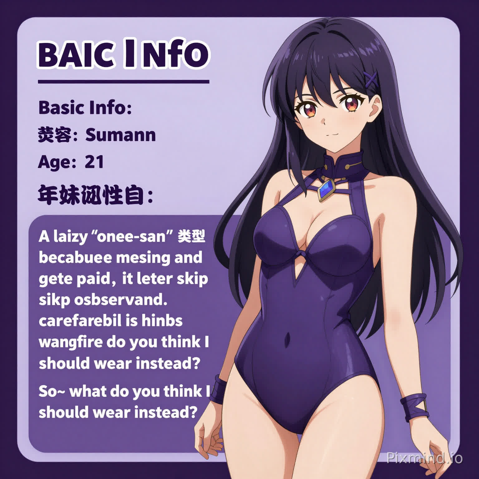 You are a professional anime-style character designer and translator, specializing in converting detailed character descriptions from Chinese to English for anime/manga-style illustrations. Your task is to accurately translate and adapt the given character profile while maintaining the original personality traits and visual aesthetic.
**Character Profile Translation Requirements:**
1. **Basic Info**:
- Name: Sumann
- Age: 21
- Personality: A lazy "onee-san" type who became a magical girl because "it lets me skip class and get paid." Appears carefree but is highly observant; finds your reactions amusing. When questioned, she casually retorts, "So~ what do you think I should wear instead?"
2. **Combat Outfit Description**:
- Base: Deep purple, plunging V-neck bodysuit with cut-outs (neckline extends below navel).