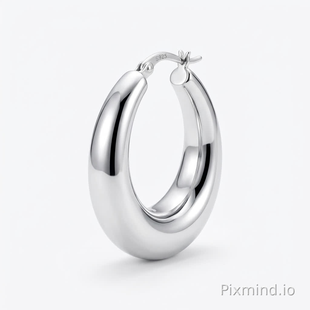 A minimalist product photography of a thick silver ring earring. The earring is a simple, bold, chunky silver hoop. Centered composition on a clean, pure white background. Soft, even studio lighting with no harsh shadows. Focus is sharp on the metal texture, capturing the reflective surface. High resolution, e-commerce catalog style, 8K quality.
