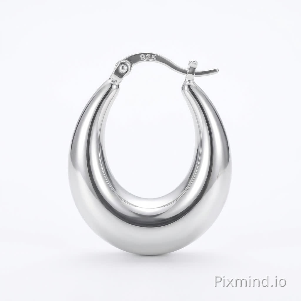 A minimalist product photography of a thick silver ring earring. The earring is a simple, bold, chunky silver hoop. Centered composition on a clean, pure white background. Soft, even studio lighting with no harsh shadows. Focus is sharp on the metal texture, capturing the reflective surface. High resolution, e-commerce catalog style, 8K quality.