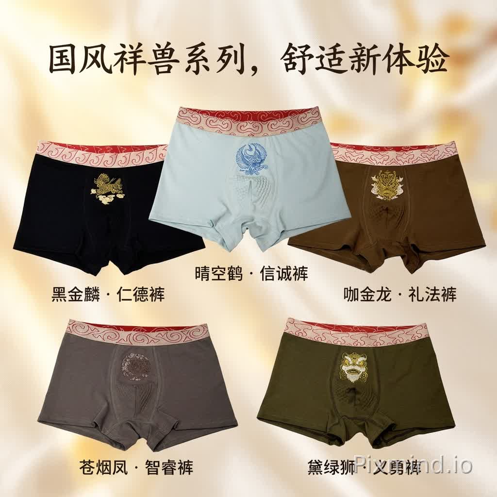 Generate a main image with a size of 2000*2000 based on my picture: focus on highlighting the product, keep it simple without too many extra elements, ensure the product accounts for 80% of the main image, and make it high-definition with a large file size.
Core logic: Visualize the concept of the waistband and patterns, endow the underwear with cultural connotations.
Copy title: National Style Auspicious Beast Series, A New Comfort Experience
Image keywords: Elegant Chinese-style background, soft lighting.
No English text allowed.