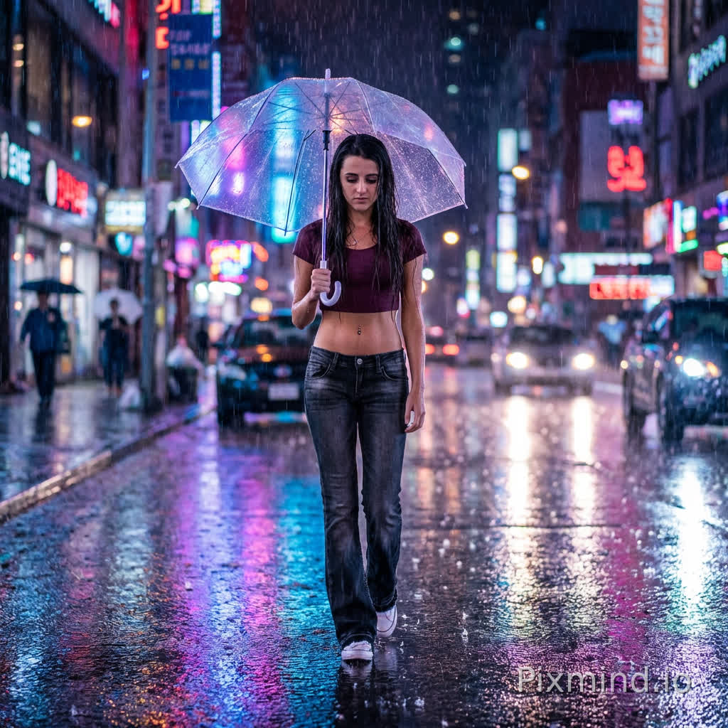 A full-body shot of a young woman walking alone on a neon-lit street during a night of heavy rain. She holds a transparent umbrella reflecting the bright blues, purples, and pinks of surrounding signs. Her black hair is slightly wet, clinging to her face. The wet pavement reflects the city lights like a mirror. The atmosphere is melancholic and cinematic. Raindrops are clearly visible. Shot with an 85mm lens, f/1.8 aperture, city lights bokeh, film noir aesthetic, hyper-realistic, 8K resolution.
