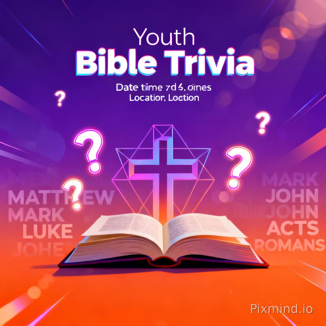Design a sleek, minimalist, and ultra-modern poster for “JESUS WINNER MINISTRY RONGAI” promoting a Youth Bible Trivia Night.
Background: Use a smooth, high-energy gradient transitioning from deep royal purple at the top to bright electric orange at the bottom. Add subtle abstract light streaks or bokeh to enhance dynamism without clutter.
Typography Texture: In the background, overlay faint, shadowy, layered typography featuring the New Testament book names (MATTHEW, MARK, LUKE, JOHN, ACTS, ROMANS, etc.) in various sizes, opacities, and angles to create depth, texture, and a sense of movement.
Central Icon: Place a modern, geometric cross integrated with an open book at the center. Surround it with softly glowing, floating question marks to symbolize curiosity and knowledge. Consider subtle neon edges or inner glow for extra pop.
Main Text: “Youth Bible Trivia” should be bold, contemporary, and clean, with a subtle neon or soft glow effect to stand out. Optionally, use a gradient fill that echoes the background palette for cohesion.
Secondary Text: Include smaller, minimalist details like date, time, and location below the main text in a clean sans-serif font, ensuring hierarchy and readability.
Mood & Style: Sophisticated, premium, and inviting, blending faith, energy, and a digital Gen Z aesthetic. Use subtle gradients, light flares, and depth to make it feel modern, engaging, and shareable on social media.
Extras: Avoid any human figures or photos. Consider subtle geometric shapes, lines, or abstract patterns to enhance the modern, sleek aesthetic without distracting from the central icon and text.