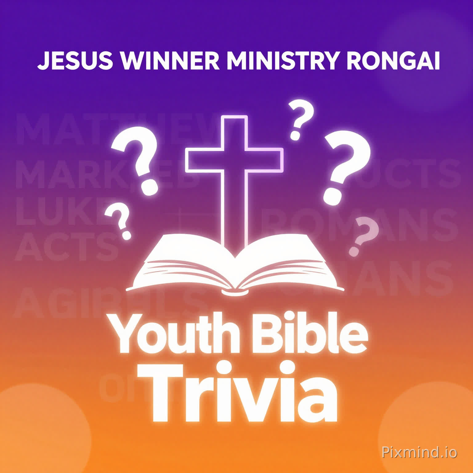 Design a sleek, minimalist, ultra-modern poster for “JESUS WINNER MINISTRY RONGAI” promoting a Youth Bible Trivia Night.
Header: Place “JESUS WINNER MINISTRY RONGAI” at the top of the poster in bold, clean, modern typography, ensuring it stands out as the main title. Consider a subtle neon or glowing outline to give it premium appeal.
Background: Use a smooth, high-energy gradient transitioning from deep royal purple at the top to bright electric orange at the bottom. Add subtle abstract light streaks or bokeh effects for dynamism without cluttering the design.
Typography Texture: Overlay faint, shadowy, layered typography of New Testament book names (MATTHEW, MARK, LUKE, JOHN, ACTS, ROMANS, etc.) in various sizes, opacities, and angles to create depth, texture, and a sense of movement behind the central elements.
Central Icon: Place a modern, geometric cross integrated with an open book at the center. Surround it with softly glowing, floating question marks to symbolize curiosity and biblical knowledge. Enhance with subtle neon edges or inner glow for extra visual pop.
Main Text: Below the central icon, place “Youth Bible Trivia” in bold, contemporary, clean font with a subtle neon or soft glow effect to make it eye-catching. A gradient fill echoing the background palette can unify the design.
Mood & Style: Sophisticated, premium, and inviting—blending faith, energy, and a digital Gen Z aesthetic. Use subtle gradients, light flares, depth, and geometric abstract patterns to make it modern, engaging, and social-media-ready.
Extras: Avoid human figures or photos. Add subtle geometric shapes, lines, or abstract patterns if desired, but keep the design clean and uncluttered, ensuring focus remains on the text and central icon.