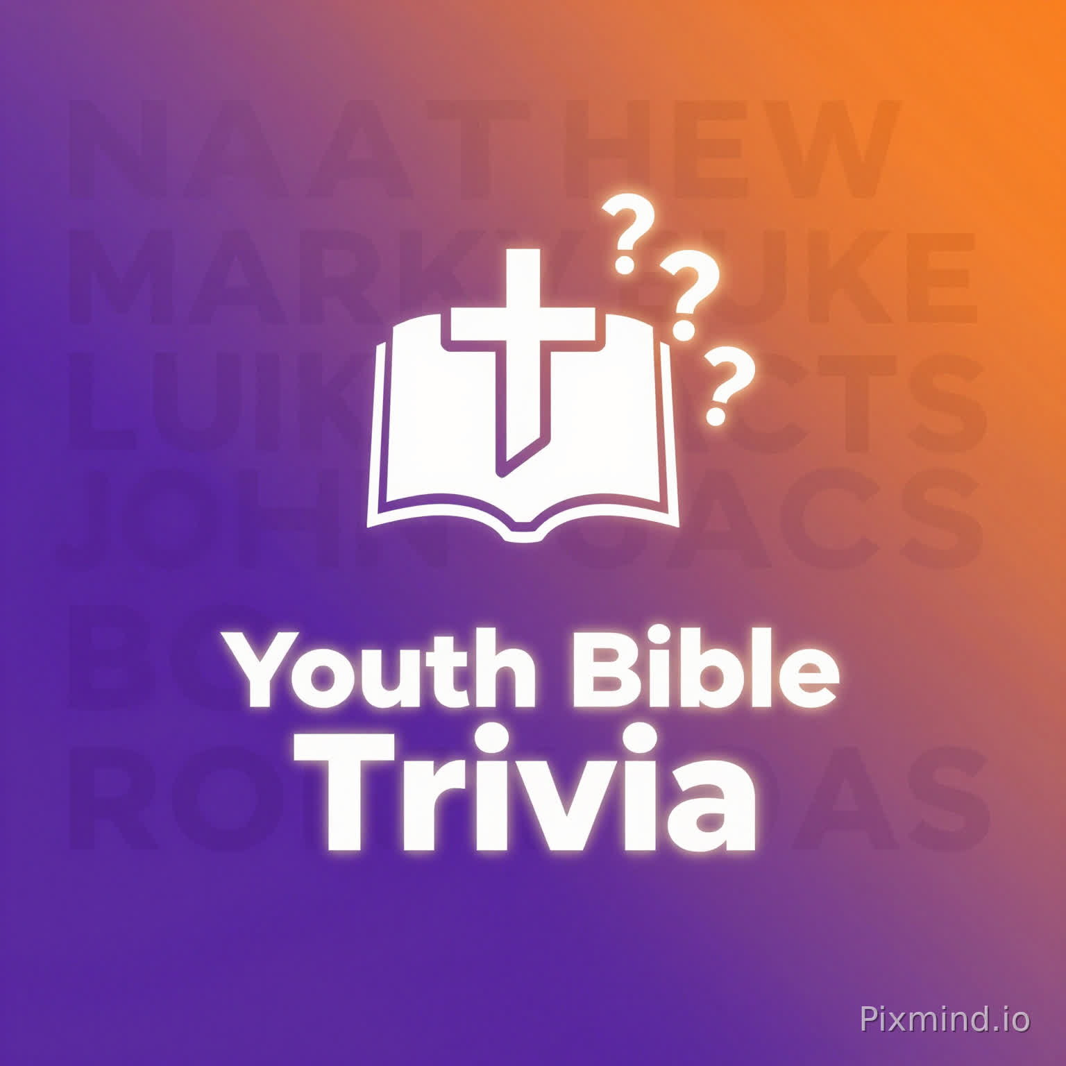 Prompt:
Design a sleek, minimalist poster for "JESUS WINNER MINISTRY RONGAI" featuring a Youth Bible Trivia night.
Use a smooth gradient background transitioning from deep purple to bright electric orange for high energy and visual appeal.
Do not include any human figures or youth pictures.
In the background, use faint, shadowy typography featuring the names of New Testament books arranged in layers (e.g., MATTHEW, MARK, LUKE, JOHN, ACTS, ROMANS) to create depth and texture.
In the center, place a clean, modern icon: a cross integrated with an open book, with glowing question marks subtly floating around it.
The main text "Youth Bible Trivia" should be bold and modern, with a subtle glow effect to make it pop.
The overall mood should be sophisticated, inviting, and attractive to Gen Z, blending faith with a premium digital aesthetic.