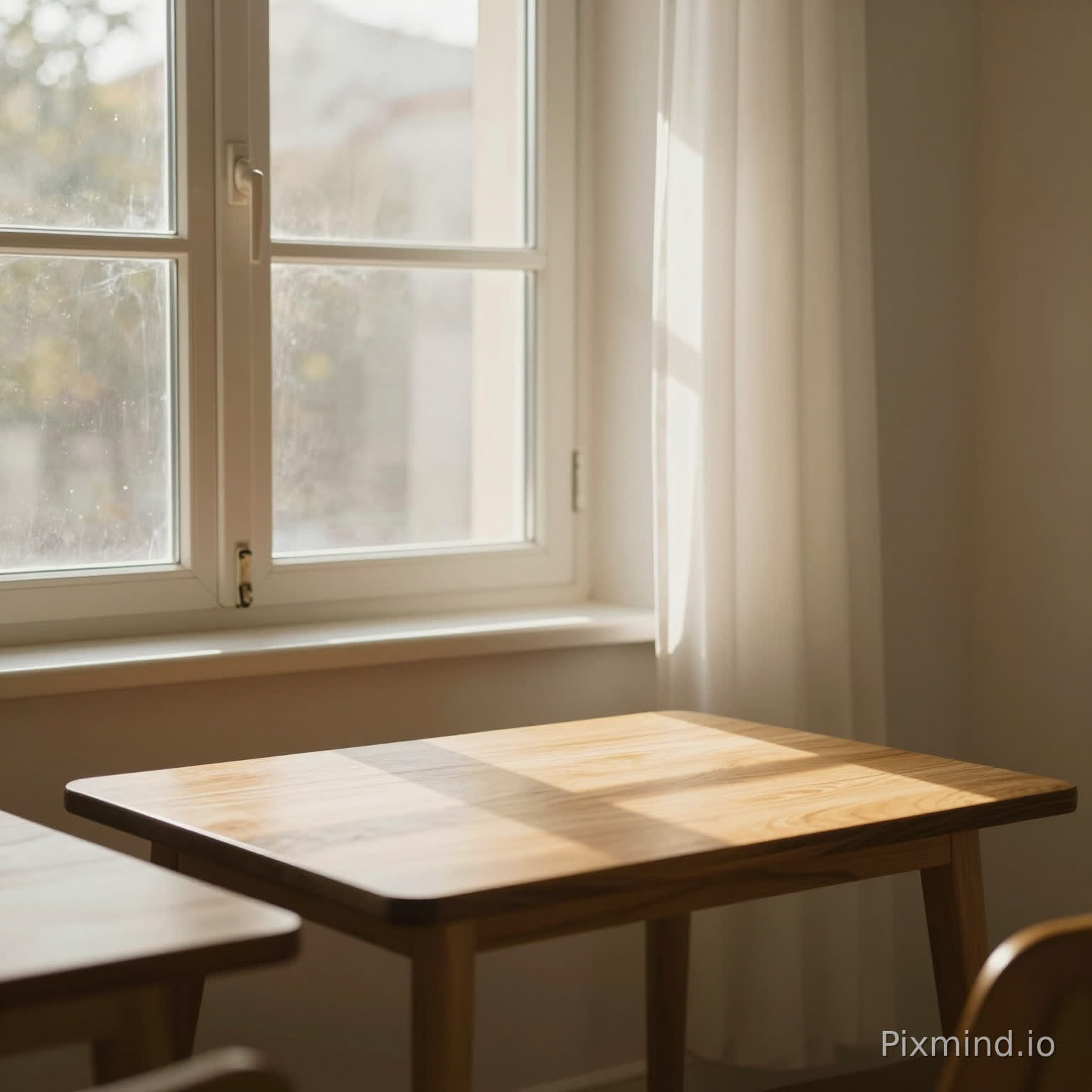 soft morning sunlight streaming through a large window, warm rays falling on a wooden table, cozy corner with a white curtain, peaceful atmosphere, warm beige and golden tones, minimalist interior, cinematic lighting, 8k --ar 3:4