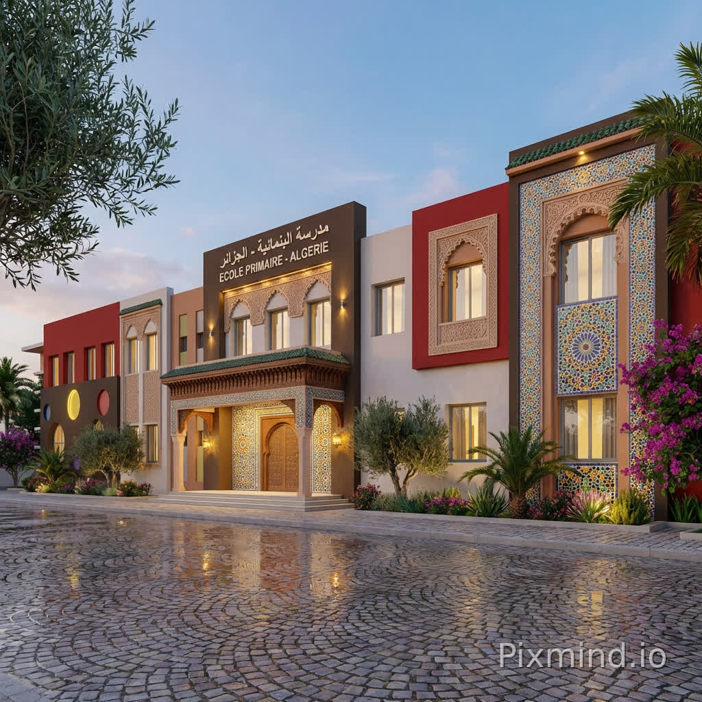 Transform this facade into a more beautiful and attractive one; it is a primary school in Algeria.