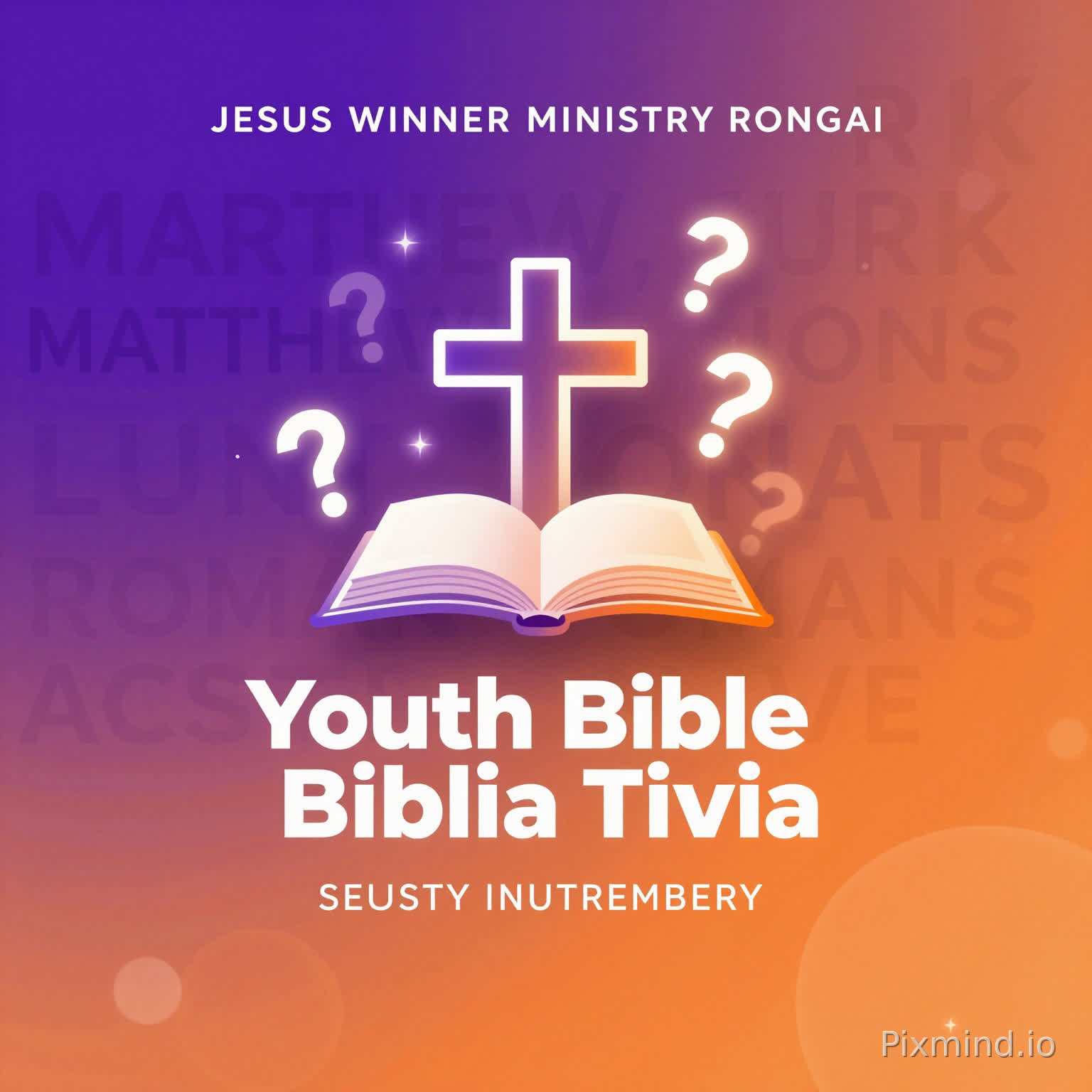 Design a sleek, minimalist, and ultra-modern poster for “JESUS WINNER MINISTRY RONGAI” promoting a Youth Bible Trivia Night.
Background: Use a smooth, high-energy gradient transitioning from deep royal purple at the top to bright electric orange at the bottom. Add subtle abstract light streaks or bokeh to enhance dynamism without clutter.
Typography Texture: In the background, overlay faint, shadowy, layered typography featuring the New Testament book names (MATTHEW, MARK, LUKE, JOHN, ACTS, ROMANS, etc.) in various sizes, opacities, and angles to create depth, texture, and a sense of movement.
Central Icon: Place a modern, geometric cross integrated with an open book at the center. Surround it with softly glowing, floating question marks to symbolize curiosity and knowledge. Consider subtle neon edges or inner glow for extra pop.
Main Text: “Youth Bible Trivia” should be bold, contemporary, and clean, with a subtle neon or soft glow effect to stand out. Optionally, use a gradient fill that echoes the background palette for cohesion.
Secondary Text: Include smaller, minimalist details like date, time, and location below the main text in a clean sans-serif font, ensuring hierarchy and readability.
Mood & Style: Sophisticated, premium, and inviting, blending faith, energy, and a digital Gen Z aesthetic. Use subtle gradients, light flares, and depth to make it feel modern, engaging, and shareable on social media.
Extras: Avoid any human figures or photos. Consider subtle geometric shapes, lines, or abstract patterns to enhance the modern, sleek aesthetic without distracting from the central icon and text.