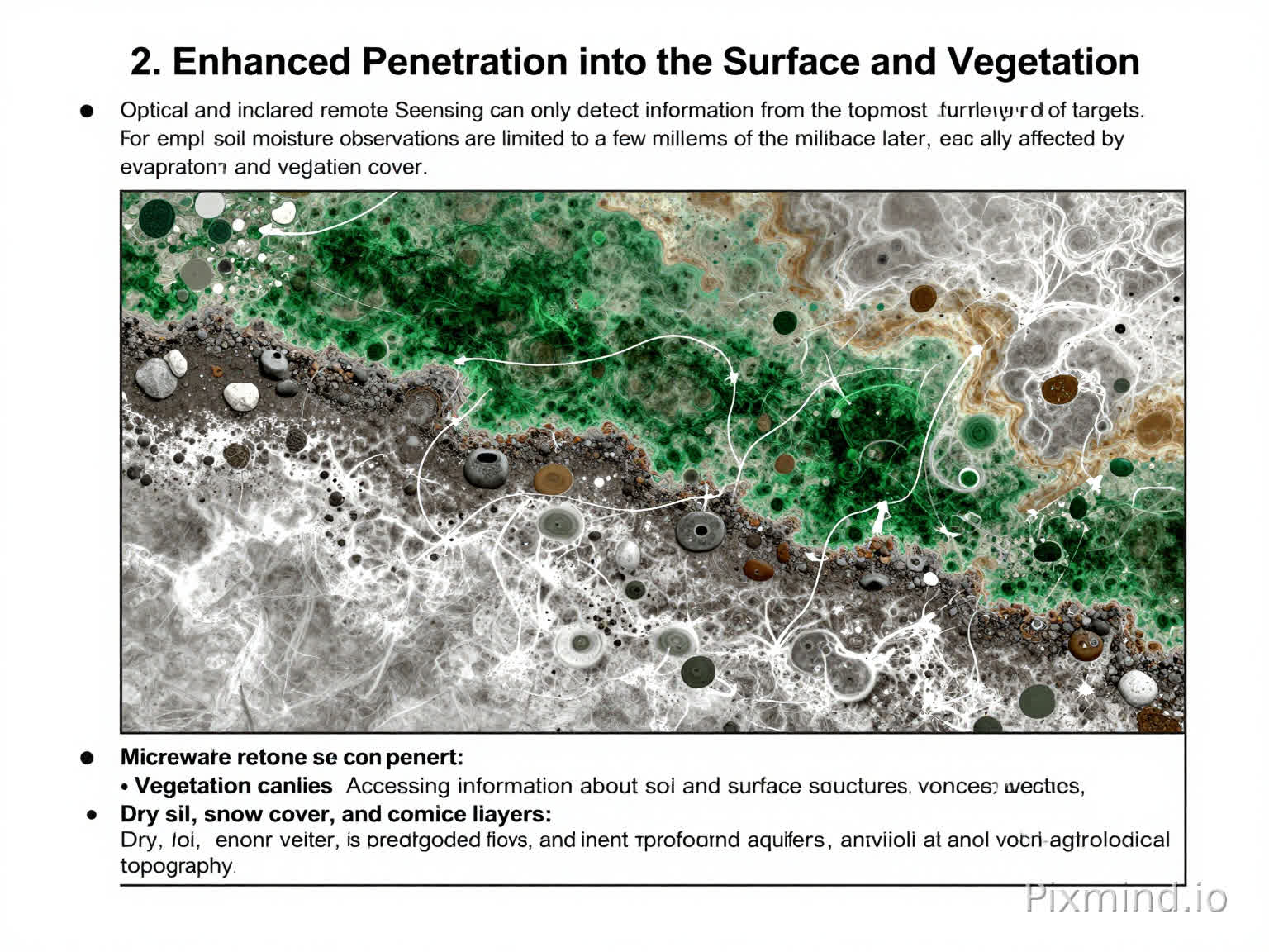 2. Enhanced Penetration into the Surface and Vegetation
Optical and infrared remote sensing can only detect information from the topmost surface layer of targets. For example, soil moisture observations are limited to a few millimeters of the surface layer, easily affected by evaporation and vegetation cover.
Microwave remote sensing can penetrate:
• Vegetation canopies: Accessing information about soil and surface structures beneath vegetation;
• Dry soil, snow cover, and rock/ice layers: With penetration depths up to several meters, it can detect subsurface features such as underground aquifers, ancient river channels, and subglacial topography, providing unique data for geological and hydrological research.帮我做一个示意图