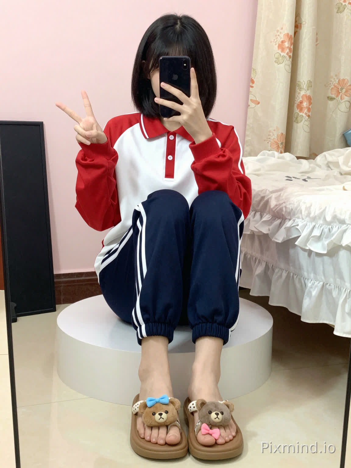 A young woman with short black hair is sitting on a white round platform, taking a self-portrait. She holds a black smartphone in her left hand, which partially covers her face, while her right hand flashes a "V" sign gesture. She is wearing a red and white school uniform jacket, with red cuffs and a red collar, a white middle section, and red buttons on the collar; paired with dark blue sweatpants that have two white stripes running down the legs. Her feet are in brown flip-flops with white polka-dot straps, and the toes of the flip-flops are decorated with plush cartoon elements: two gray bear heads, one with a blue bow and the other with a pink bow.
The background features a light pink wall, a bed with white ruffled sheets on the right side, and beside the bed, a floral-patterned curtain in beige and orange tones. On the left side of the image, there is a black rectangular object (likely a drawing board or mirror). The floor is covered with light-colored tiles, and the overall lighting is warm and soft, creating a cozy daily indoor scene with a realistic style.