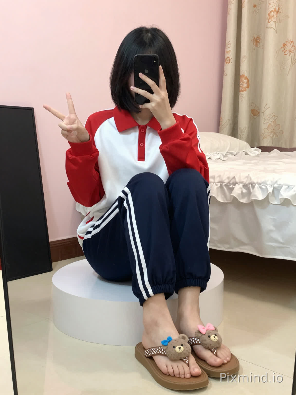 A young woman with short black hair is sitting on a white round platform, taking a self-portrait. She holds a black smartphone in her left hand, which partially covers her face, while her right hand flashes a "V" sign gesture. She is wearing a red and white school uniform jacket, with red cuffs and a red collar, a white middle section, and red buttons on the collar; paired with dark blue sweatpants that have two white stripes running down the legs. Her feet are in brown flip-flops with white polka-dot straps, and the toes of the flip-flops are decorated with plush cartoon elements: two gray bear heads, one with a blue bow and the other with a pink bow.
The background features a light pink wall, a bed with white ruffled sheets on the right side, and beside the bed, a floral-patterned curtain in beige and orange tones. On the left side of the image, there is a black rectangular object (likely a drawing board or mirror). The floor is covered with light-colored tiles, and the overall lighting is warm and soft, creating a cozy daily indoor scene with a realistic style.