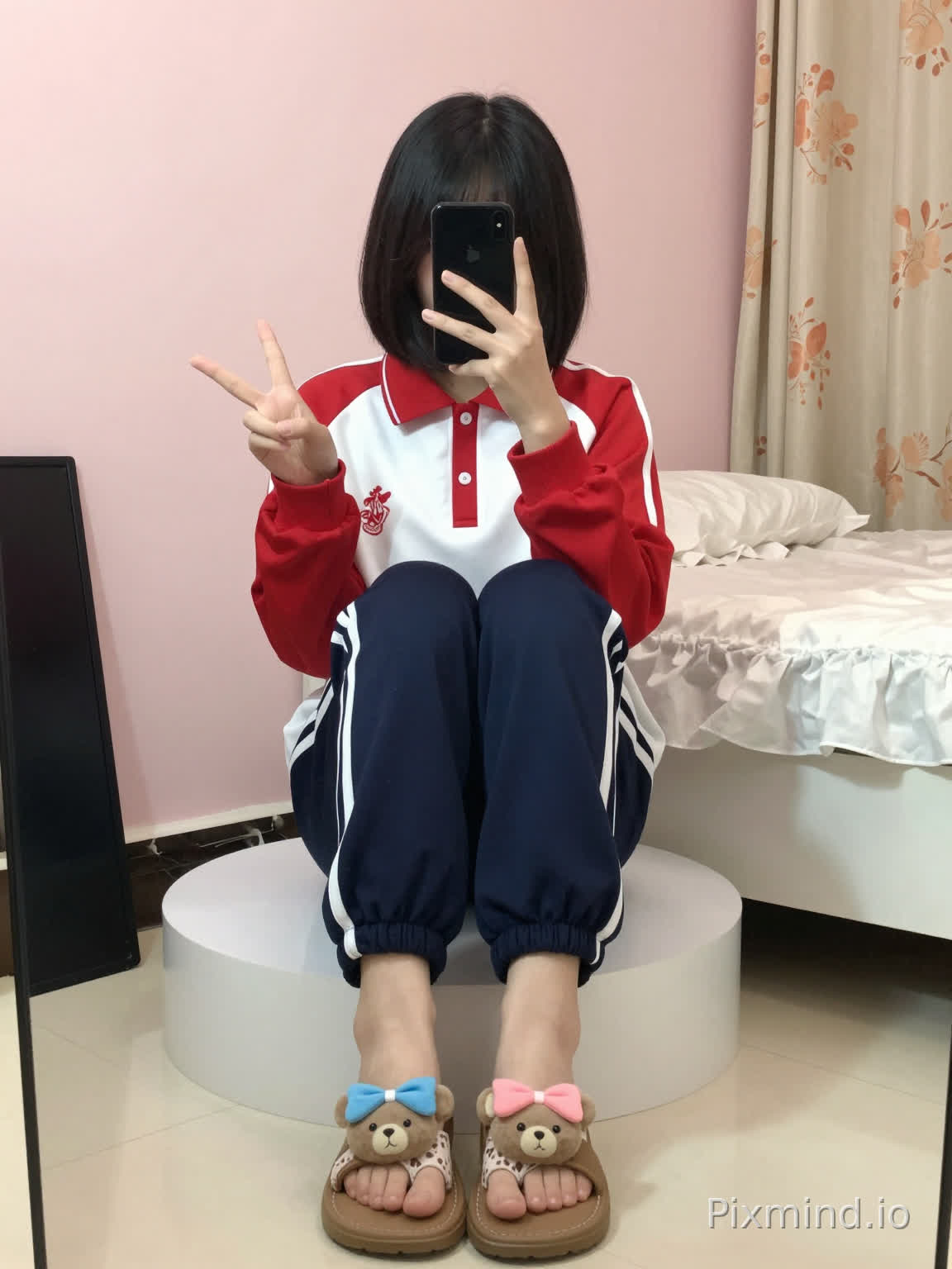 A young woman with short black hair is sitting on a white round platform, taking a self-portrait. She holds a black smartphone in her left hand, which partially covers her face, while her right hand flashes a "V" sign gesture. She is wearing a red and white school uniform jacket, with red cuffs and a red collar, a white middle section, and red buttons on the collar; paired with dark blue sweatpants that have two white stripes running down the legs. Her feet are in brown flip-flops with white polka-dot straps, and the toes of the flip-flops are decorated with plush cartoon elements: two gray bear heads, one with a blue bow and the other with a pink bow.
The background features a light pink wall, a bed with white ruffled sheets on the right side, and beside the bed, a floral-patterned curtain in beige and orange tones. On the left side of the image, there is a black rectangular object (likely a drawing board or mirror). The floor is covered with light-colored tiles, and the overall lighting is warm and soft, creating a cozy daily indoor scene with a realistic style.