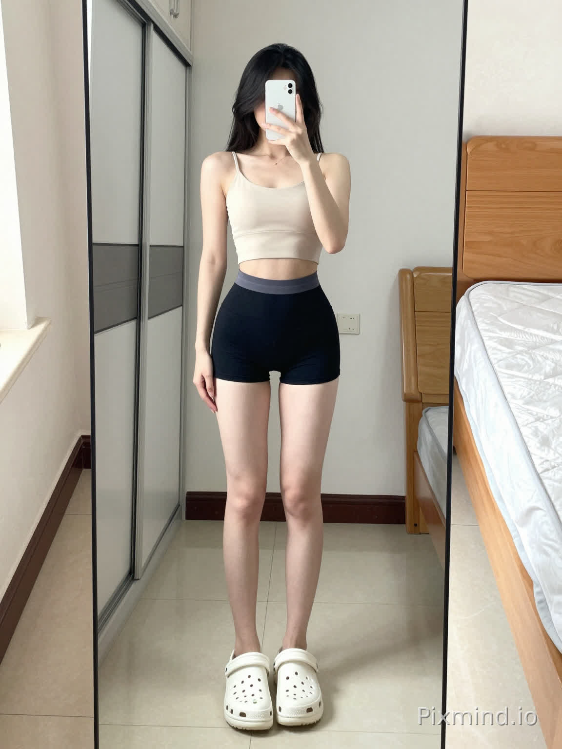 A realistic full-body photo of a young woman taking a mirror selfie, standing in a bright, clean bedroom. She has long black hair, wearing a cropped beige sports camisole, high-waisted black sports shorts with a gray waistband, and white Crocs (clogs with ventilation holes). Her left hand holds a white smartphone in front of her face, her right hand slightly touching her left thigh. The mirror has a black frame, reflecting part of the room. The background includes a light gray wardrobe with white sliding doors and silver handles on the left, a bed with a light brown headboard and a white mattress on the right, a light beige tiled floor, and light textured wallpaper on the walls. Bright natural light illuminates the scene, with soft shadows, a clean and natural atmosphere, high detail, lifelike texture, and a realistic photography style.