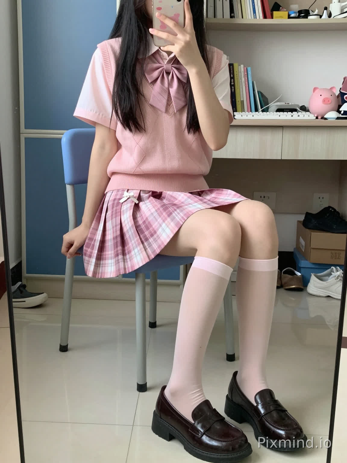 A young woman taking a mirror selfie, sitting on a blue chair, with long black hair cascading over her shoulders. She holds a phone with a pink and white pattern in front of her face, partially obscuring it. She wears a light pink short-sleeve top layered with a pink argyle-patterned knit vest, the vest featuring a large bow tie at the collar. Below, she has on a pink plaid pleated skirt with white ribbon details, paired with sheer light pink over-the-knee socks and dark brown loafers with a slight heel. The background shows a room with a blue wardrobe, a desk cluttered with a white keyboard, a pink pig-shaped desk ornament, and a bookshelf filled with books and small items. There are various household items like shoes and boxes on the floor, and the lighting is soft, natural, and bright, reflecting off the white tiled floor and creating a cozy, everyday少女氛围. High detail, realistic textures, clear focus on the subject and environment, soft pastel color tones, and a warm, candid mood.