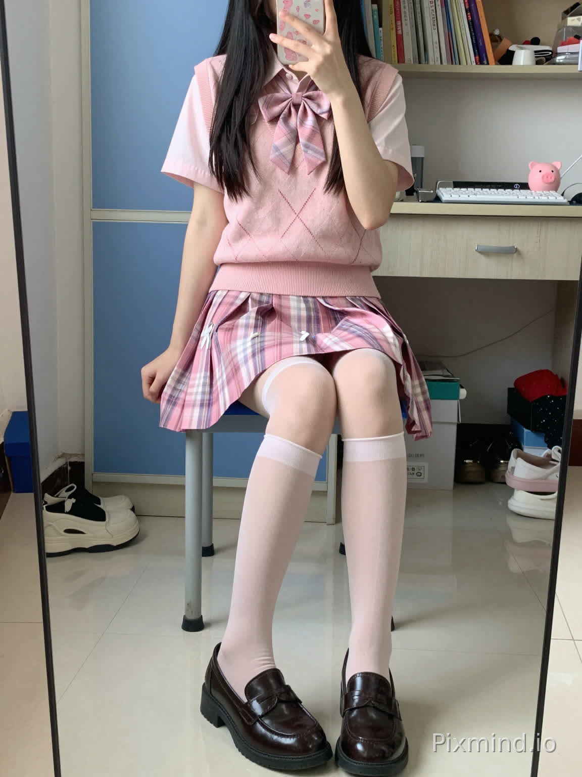A young woman taking a mirror selfie, sitting on a blue chair, with long black hair cascading over her shoulders. She holds a phone with a pink and white pattern in front of her face, partially obscuring it. She wears a light pink short-sleeve top layered with a pink argyle-patterned knit vest, the vest featuring a large bow tie at the collar. Below, she has on a pink plaid pleated skirt with white ribbon details, paired with sheer light pink over-the-knee socks and dark brown loafers with a slight heel. The background shows a room with a blue wardrobe, a desk cluttered with a white keyboard, a pink pig-shaped desk ornament, and a bookshelf filled with books and small items. There are various household items like shoes and boxes on the floor, and the lighting is soft, natural, and bright, reflecting off the white tiled floor and creating a cozy, everyday少女氛围. High detail, realistic textures, clear focus on the subject and environment, soft pastel color tones, and a warm, candid mood.