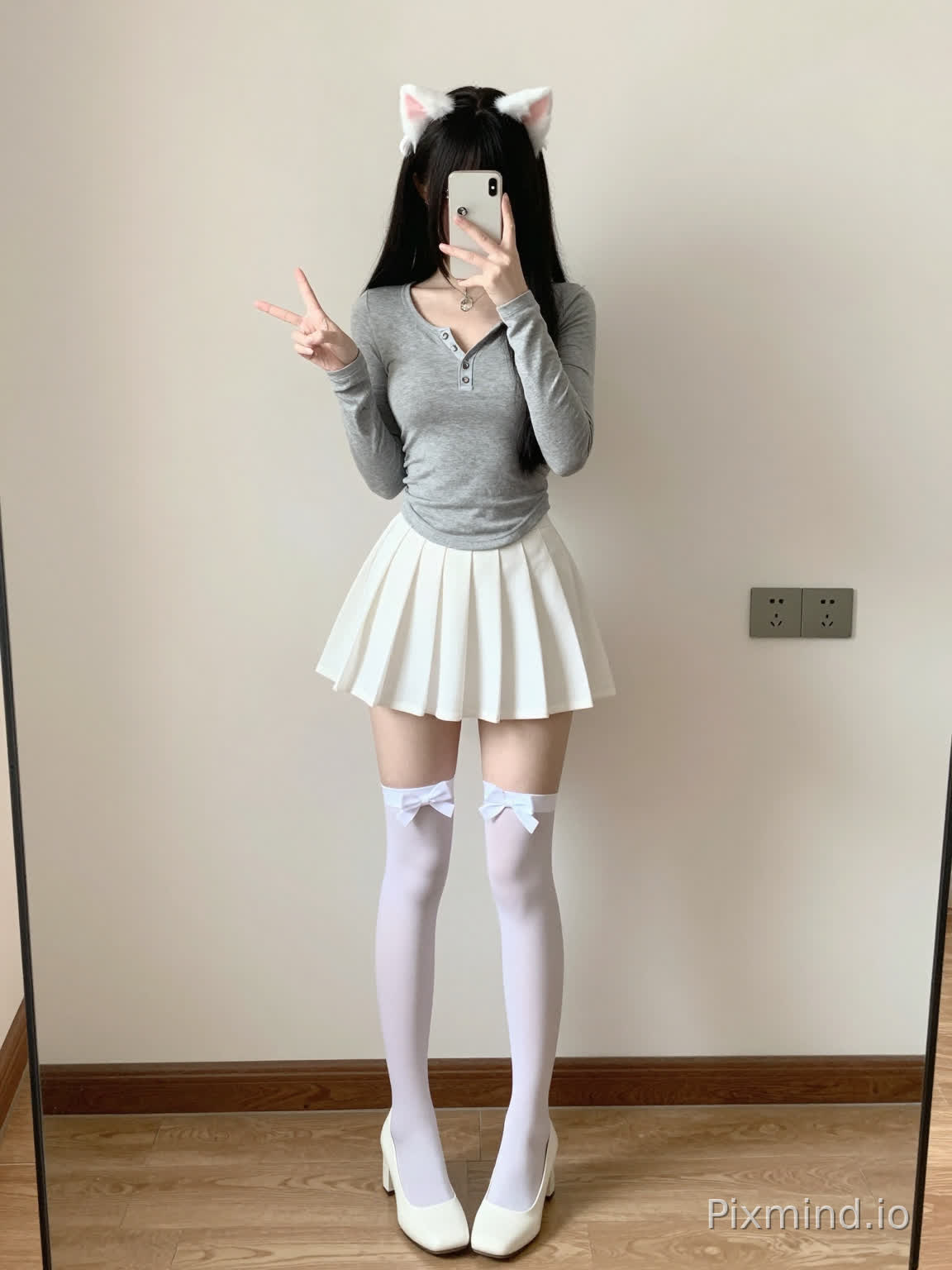 A full-body shot of a young woman taking a mirror selfie, standing in a minimalistic indoor room. She has long, straight black hair that cascades past her shoulders, adorned with white cat-ear hair clips (inner ears in light pink, pointed tips). She wears a form-fitting gray long-sleeve top with a V-neckline, detailed with small metallic buttons at the collar, hugging her figure closely. Below, she dons a short white pleated skirt that hits mid-thigh, flaring gently at the hem. On her legs, white thigh-high socks with large white bows tied just above the knees complement low-heeled white block heels. Her right hand holds a light-hued smartphone, its case decorated with a circular charm, brought up to her face, while her left hand is raised in a playful "V" hand gesture. The background features a plain light beige wall, with a dark gray power outlet/switch panel on the right side. The floor is made of light brown wooden planks with visible grain. Soft natural light—likely from an adjacent window—illuminates the scene from the left, casting a faint shadow of her body on the wall behind, with soft highlights on her right side and slightly darker patches on the left. The overall style is cute, casual, and fashionable, with high attention to detail, natural color tones, and a bright, airy atmosphere.