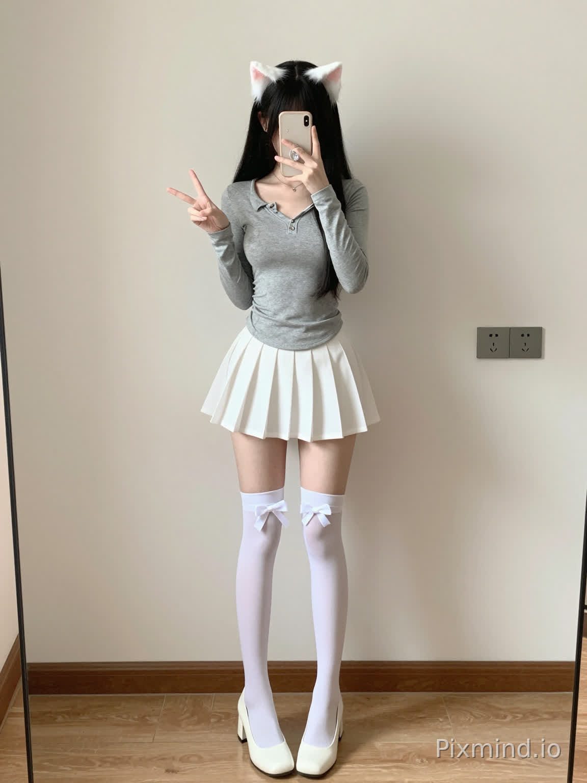 A full-body shot of a young woman taking a mirror selfie, standing in a minimalistic indoor room. She has long, straight black hair that cascades past her shoulders, adorned with white cat-ear hair clips (inner ears in light pink, pointed tips). She wears a form-fitting gray long-sleeve top with a V-neckline, detailed with small metallic buttons at the collar, hugging her figure closely. Below, she dons a short white pleated skirt that hits mid-thigh, flaring gently at the hem. On her legs, white thigh-high socks with large white bows tied just above the knees complement low-heeled white block heels. Her right hand holds a light-hued smartphone, its case decorated with a circular charm, brought up to her face, while her left hand is raised in a playful "V" hand gesture. The background features a plain light beige wall, with a dark gray power outlet/switch panel on the right side. The floor is made of light brown wooden planks with visible grain. Soft natural light—likely from an adjacent window—illuminates the scene from the left, casting a faint shadow of her body on the wall behind, with soft highlights on her right side and slightly darker patches on the left. The overall style is cute, casual, and fashionable, with high attention to detail, natural color tones, and a bright, airy atmosphere.