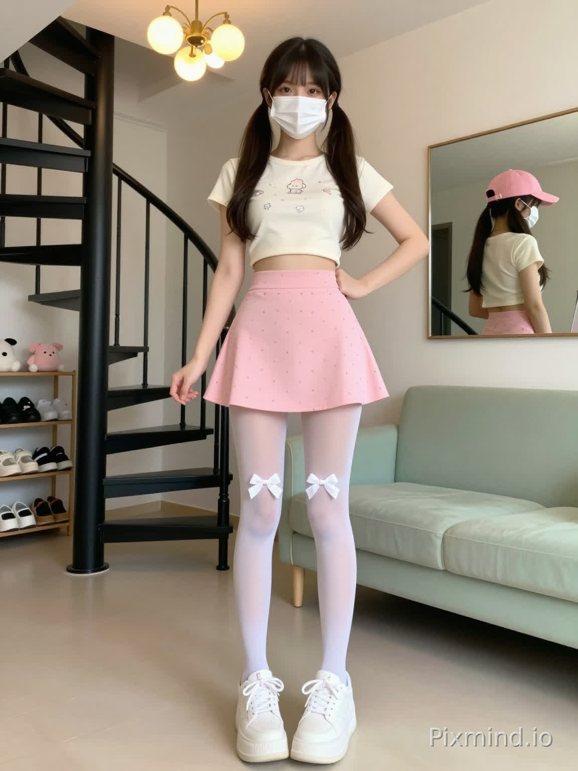 A detailed AI-generated girl, full body, centered in the frame, standing with left hand on hip, right hand hanging naturally, wearing a white face mask, double twisted ponytails, off-white short crop top with small cartoon patterns, pink high-waisted A-line mini skirt with small polka dots, white sheer tights, each knee with a white bow decoration above the knee, white thick-soled platform sneakers with laces.
Background: indoor setting, left side has a spiral staircase with black metal handrail, below the stairs has a shoe rack with various shoes and plush toys, above the staircase hangs a warm yellow round bulb chandelier with multiple bulbs, large mirror on the right wall reflecting the girl's back view, back view with a pink cap (same top and skirt, white tights and sneakers), light green sofa on the right background with light-colored armrest trim, smooth light-colored floor, warm lighting, soft shadows, high detail, 8K resolution, realistic, sweet girl aesthetic, cozy and bright atmosphere.
