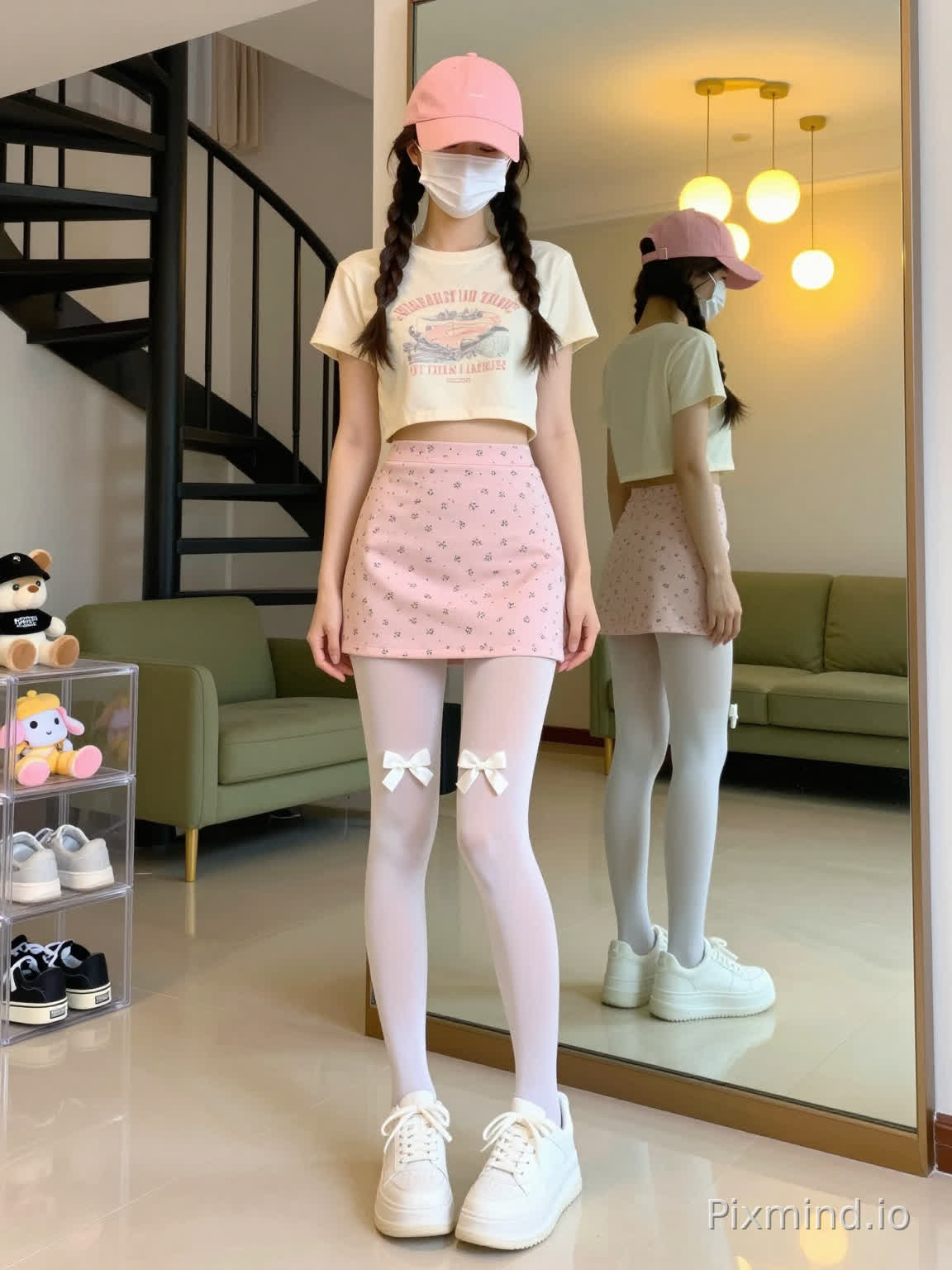 A young woman with twin braids, wearing a light beige cropped t-shirt with a vintage-style printed pattern, stands in a bright, modern indoor space. She pairs it with a light pink mini skirt featuring small floral patterns, knee-length white pantyhose adorned with white bow decorations at the knees, and white platform sneakers with thick soles. She has a white face mask covering her mouth and nose, and a pink cap. Behind her, there is a large mirror reflecting her backview, showing the same pink skirt and white sneakers. The background includes a spiral staircase with black metal handrails and light brown curtains, a green modern sofa, and a clear plastic organizer with plush toys and shoes on the lower left. The room is illuminated by warm yellow pendant lights with spherical bulbs, creating soft, cinematic lighting. The floor is made of smooth, light-colored tiles, reflecting the warm light and enhancing the room's brightness. The overall style is photorealistic, with ultra-detailed textures, soft focus, and high resolution (8K), capturing the natural sheen of the pantyhose, the soft fabric of the t-shirt and skirt, and the cozy, homely atmosphere of the space.