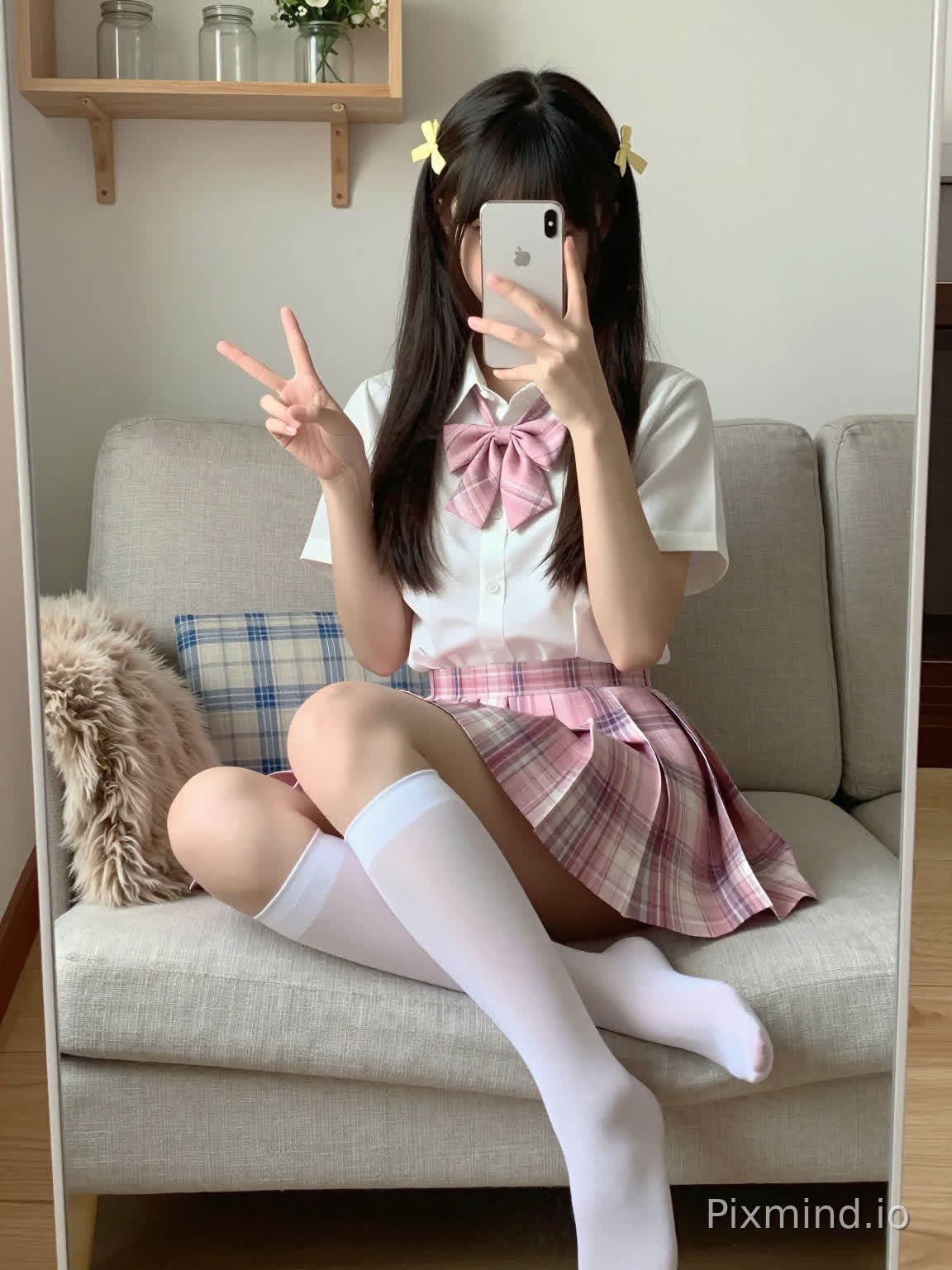 The generated result is a full - length mirror selfie of a cute Asian teenage girl (16-20 years old) with long dark hair, blunt bangs, and a half - tied hairstyle. She has two yellow ribbon hair accessories tied to the top of her head, with wispy hair falling on her forehead. She is wearing a white short - sleeved collared shirt with a buttoned front, paired with a pink plaid bow tie tied neatly around her neck. Her lower body is in a pink plaid pleated skirt that ends just above the knees, and white sheer over - the - knee socks covering her thighs.
The girl is sitting on a light gray linen sofa with her legs crossed at the ankles, left knee slightly higher. Her left hand is raised, making a "scissors hand" gesture with index and middle fingers extended. Her right hand holds a silver smartphone in front of her face, screen facing inward, capturing the mirror reflection. On the sofa behind her, there is a blue and white plaid throw pillow. A light brown fluffy fur blanket is draped over the left side of the sofa.
In the background, a wooden floating shelf is mounted on the light gray wall, holding several clear glass jars and a small potted plant with white flowers. The lighting is soft, with warm natural light coming from the left side, casting gentle shadows and highlighting the girl's fair skin and the soft texture of her hair and clothing. The overall tone is sweet and cozy, with a soft color palette of white, light pink, gray, and warm beige. The mirror has a thin silver frame, and the reflection includes part of the room and the girl's pose. The style is cute, soft - girl, and JK fashion aesthetic, with a focus on natural, detailed daily life photography.