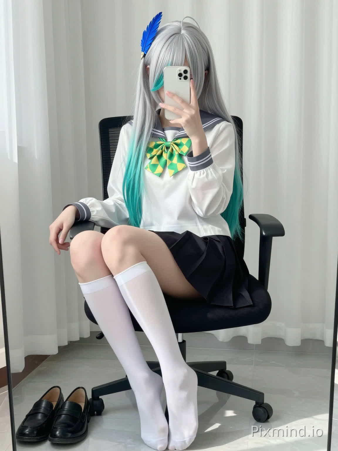 A hyper-detailed anime-style digital illustration of a girl taking a selfie, sitting on an office swivel chair. She has long silver and teal gradient hair (silver roots fading to teal ends), with a blue feather hair accessory clipped to the top of her head; her hair partially covers her eyes. She wears a white school uniform top with a green and yellow checkered bow tie, long sleeves with gray banded cuffs, and a black pleated skirt. She is dressed in white knee-high socks, bare feet, with legs crossed at the ankles. In her left hand, she holds a white smartphone with a dual-camera setup to take a selfie, camera facing forward. The background features soft white sheer curtains, and the floor is light-colored marble tiles. A pair of black loafers lies on the floor beside the chair. Soft natural lighting diffuses through the curtains, casting gentle shadows, with a clean, fresh color palette and a relaxed, casual atmosphere. High detail, ultra-sharp focus on the subject, soft focus on the background, 8k resolution, best quality, anime aesthetic, realistic yet stylized cosplay vibe.