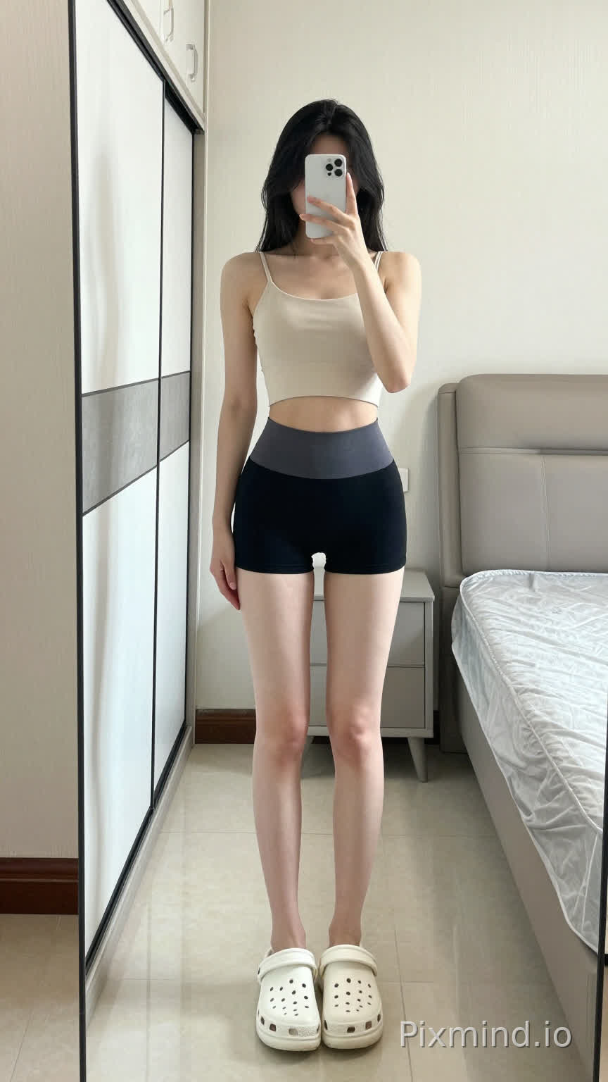 A realistic full-body photo of a young woman taking a mirror selfie, standing in a bright, clean bedroom. She has long black hair, wearing a cropped beige sports camisole, high-waisted black sports shorts with a gray waistband, and white Crocs (clogs with ventilation holes). Her left hand holds a white smartphone in front of her face, her right hand slightly touching her left thigh. The mirror has a black frame, reflecting part of the room. The background includes a light gray wardrobe with white sliding doors and silver handles on the left, a bed with a light brown headboard and a white mattress on the right, a light beige tiled floor, and light textured wallpaper on the walls. Bright natural light illuminates the scene, with soft shadows, a clean and natural atmosphere, high detail, lifelike texture, and a realistic photography style.
