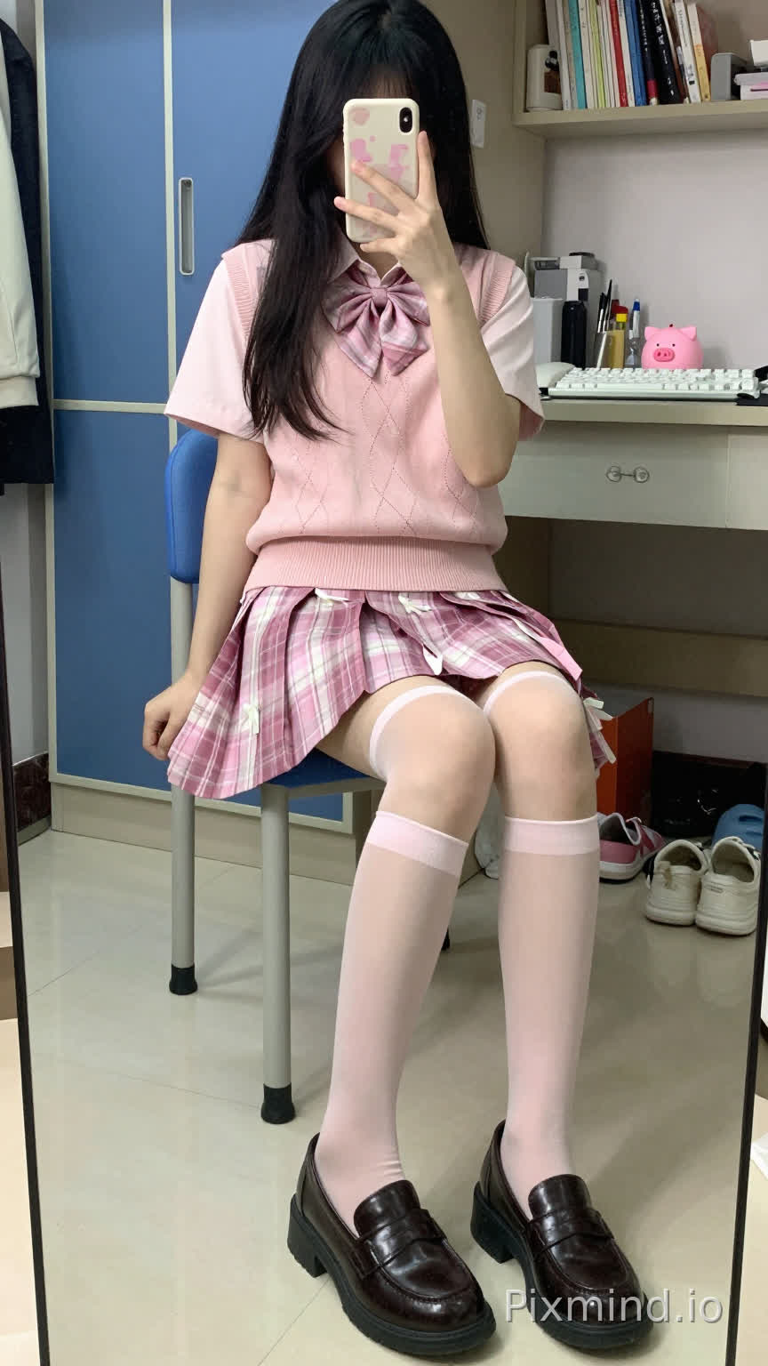 A young woman taking a mirror selfie, sitting on a blue chair, with long black hair cascading over her shoulders. She holds a phone with a pink and white pattern in front of her face, partially obscuring it. She wears a light pink short-sleeve top layered with a pink argyle-patterned knit vest, the vest featuring a large bow tie at the collar. Below, she has on a pink plaid pleated skirt with white ribbon details, paired with sheer light pink over-the-knee socks and dark brown loafers with a slight heel. The background shows a room with a blue wardrobe, a desk cluttered with a white keyboard, a pink pig-shaped desk ornament, and a bookshelf filled with books and small items. There are various household items like shoes and boxes on the floor, and the lighting is soft, natural, and bright, reflecting off the white tiled floor and creating a cozy, everyday少女氛围. High detail, realistic textures, clear focus on the subject and environment, soft pastel color tones, and a warm, candid mood.