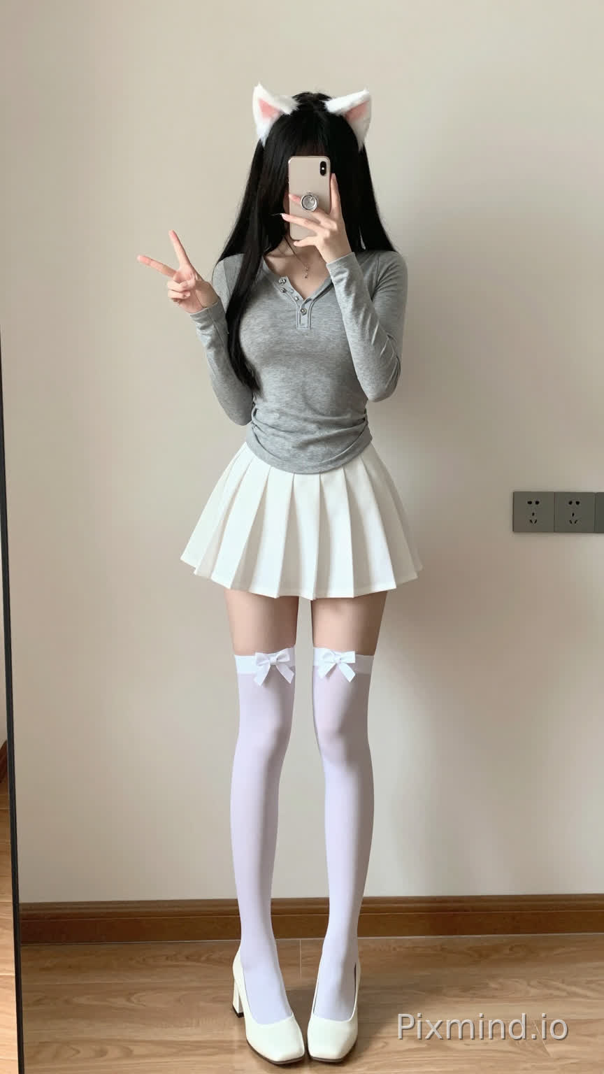 A full-body shot of a young woman taking a mirror selfie, standing in a minimalistic indoor room. She has long, straight black hair that cascades past her shoulders, adorned with white cat-ear hair clips (inner ears in light pink, pointed tips). She wears a form-fitting gray long-sleeve top with a V-neckline, detailed with small metallic buttons at the collar, hugging her figure closely. Below, she dons a short white pleated skirt that hits mid-thigh, flaring gently at the hem. On her legs, white thigh-high socks with large white bows tied just above the knees complement low-heeled white block heels. Her right hand holds a light-hued smartphone, its case decorated with a circular charm, brought up to her face, while her left hand is raised in a playful "V" hand gesture. The background features a plain light beige wall, with a dark gray power outlet/switch panel on the right side. The floor is made of light brown wooden planks with visible grain. Soft natural light—likely from an adjacent window—illuminates the scene from the left, casting a faint shadow of her body on the wall behind, with soft highlights on her right side and slightly darker patches on the left. The overall style is cute, casual, and fashionable, with high attention to detail, natural color tones, and a bright, airy atmosphere.
