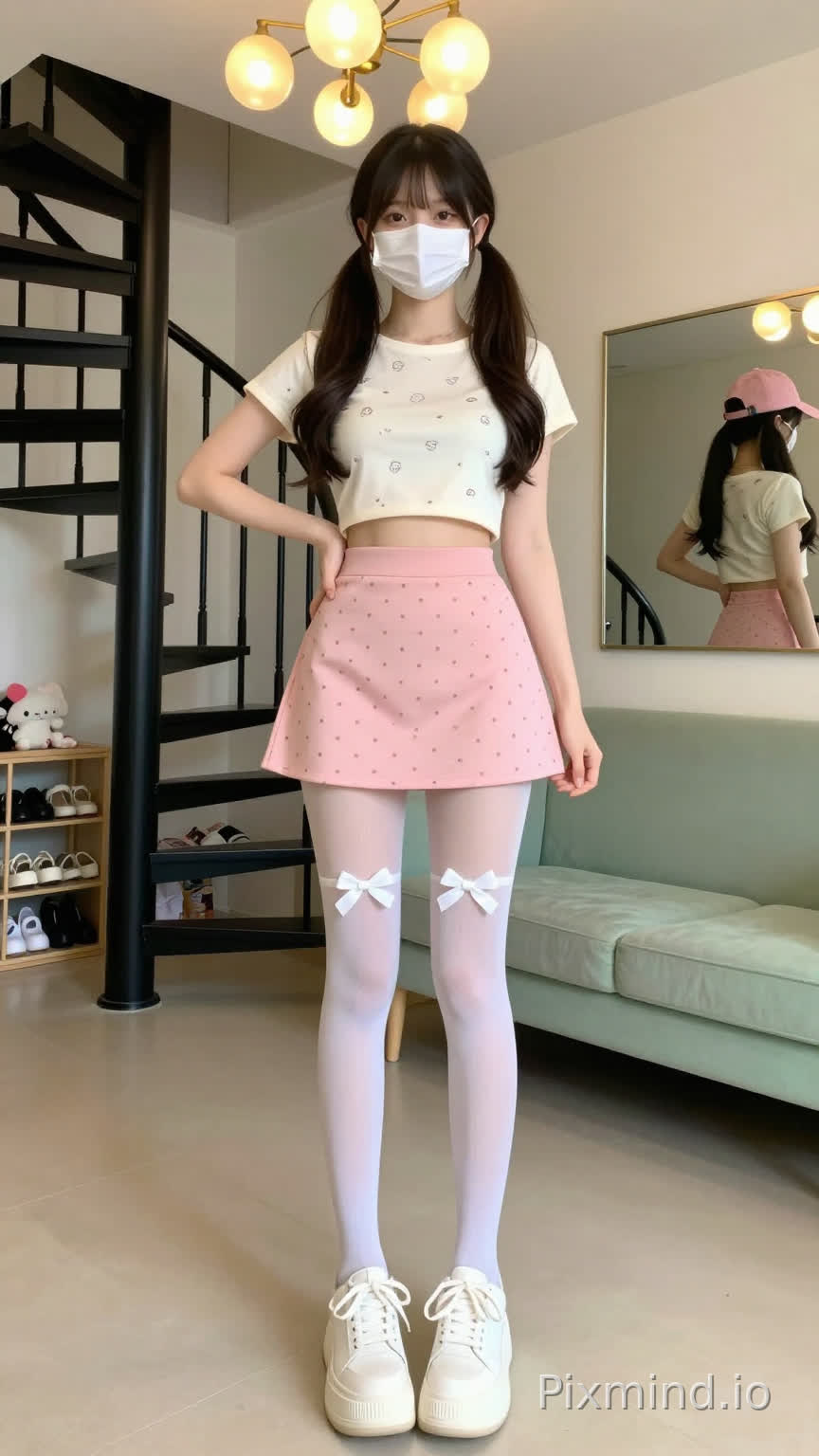 A detailed AI-generated girl, full body, centered in the frame, standing with left hand on hip, right hand hanging naturally, wearing a white face mask, double twisted ponytails, off-white short crop top with small cartoon patterns, pink high-waisted A-line mini skirt with small polka dots, white sheer tights, each knee with a white bow decoration above the knee, white thick-soled platform sneakers with laces.
Background: indoor setting, left side has a spiral staircase with black metal handrail, below the stairs has a shoe rack with various shoes and plush toys, above the staircase hangs a warm yellow round bulb chandelier with multiple bulbs, large mirror on the right wall reflecting the girl's back view, back view with a pink cap (same top and skirt, white tights and sneakers), light green sofa on the right background with light-colored armrest trim, smooth light-colored floor, warm lighting, soft shadows, high detail, 8K resolution, realistic, sweet girl aesthetic, cozy and bright atmosphere.