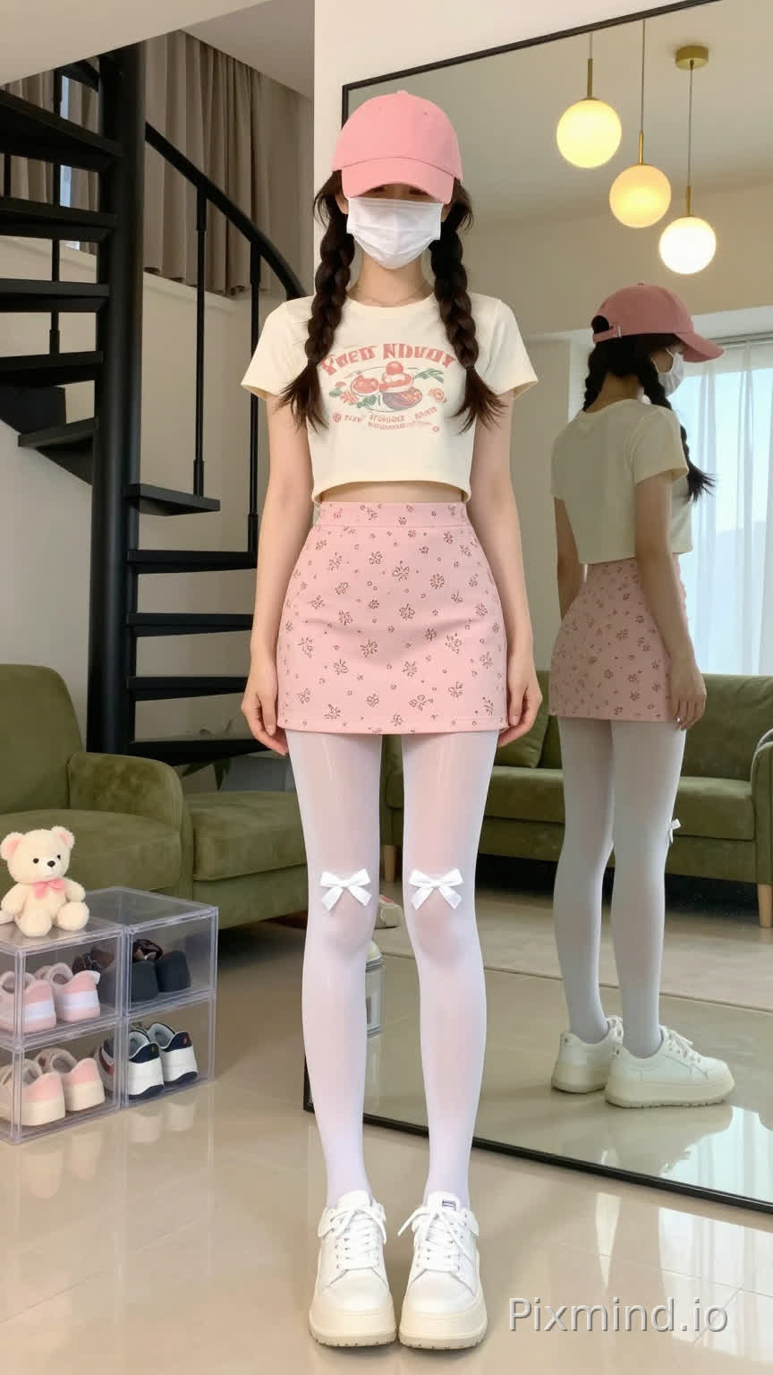 A young woman with twin braids, wearing a light beige cropped t-shirt with a vintage-style printed pattern, stands in a bright, modern indoor space. She pairs it with a light pink mini skirt featuring small floral patterns, knee-length white pantyhose adorned with white bow decorations at the knees, and white platform sneakers with thick soles. She has a white face mask covering her mouth and nose, and a pink cap. Behind her, there is a large mirror reflecting her backview, showing the same pink skirt and white sneakers. The background includes a spiral staircase with black metal handrails and light brown curtains, a green modern sofa, and a clear plastic organizer with plush toys and shoes on the lower left. The room is illuminated by warm yellow pendant lights with spherical bulbs, creating soft, cinematic lighting. The floor is made of smooth, light-colored tiles, reflecting the warm light and enhancing the room's brightness. The overall style is photorealistic, with ultra-detailed textures, soft focus, and high resolution (8K), capturing the natural sheen of the pantyhose, the soft fabric of the t-shirt and skirt, and the cozy, homely atmosphere of the space.