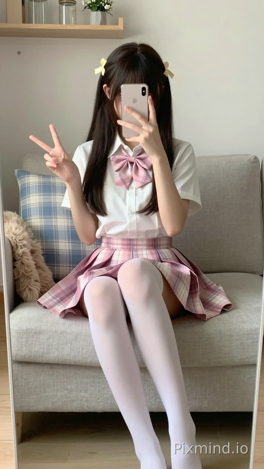 The generated result is a full - length mirror selfie of a cute Asian teenage girl (16-20 years old) with long dark hair, blunt bangs, and a half - tied hairstyle. She has two yellow ribbon hair accessories tied to the top of her head, with wispy hair falling on her forehead. She is wearing a white short - sleeved collared shirt with a buttoned front, paired with a pink plaid bow tie tied neatly around her neck. Her lower body is in a pink plaid pleated skirt that ends just above the knees, and white sheer over - the - knee socks covering her thighs.
The girl is sitting on a light gray linen sofa with her legs crossed at the ankles, left knee slightly higher. Her left hand is raised, making a "scissors hand" gesture with index and middle fingers extended. Her right hand holds a silver smartphone in front of her face, screen facing inward, capturing the mirror reflection. On the sofa behind her, there is a blue and white plaid throw pillow. A light brown fluffy fur blanket is draped over the left side of the sofa.
In the background, a wooden floating shelf is mounted on the light gray wall, holding several clear glass jars and a small potted plant with white flowers. The lighting is soft, with warm natural light coming from the left side, casting gentle shadows and highlighting the girl's fair skin and the soft texture of her hair and clothing. The overall tone is sweet and cozy, with a soft color palette of white, light pink, gray, and warm beige. The mirror has a thin silver frame, and the reflection includes part of the room and the girl's pose. The style is cute, soft - girl, and JK fashion aesthetic, with a focus on natural, detailed daily life photography.
