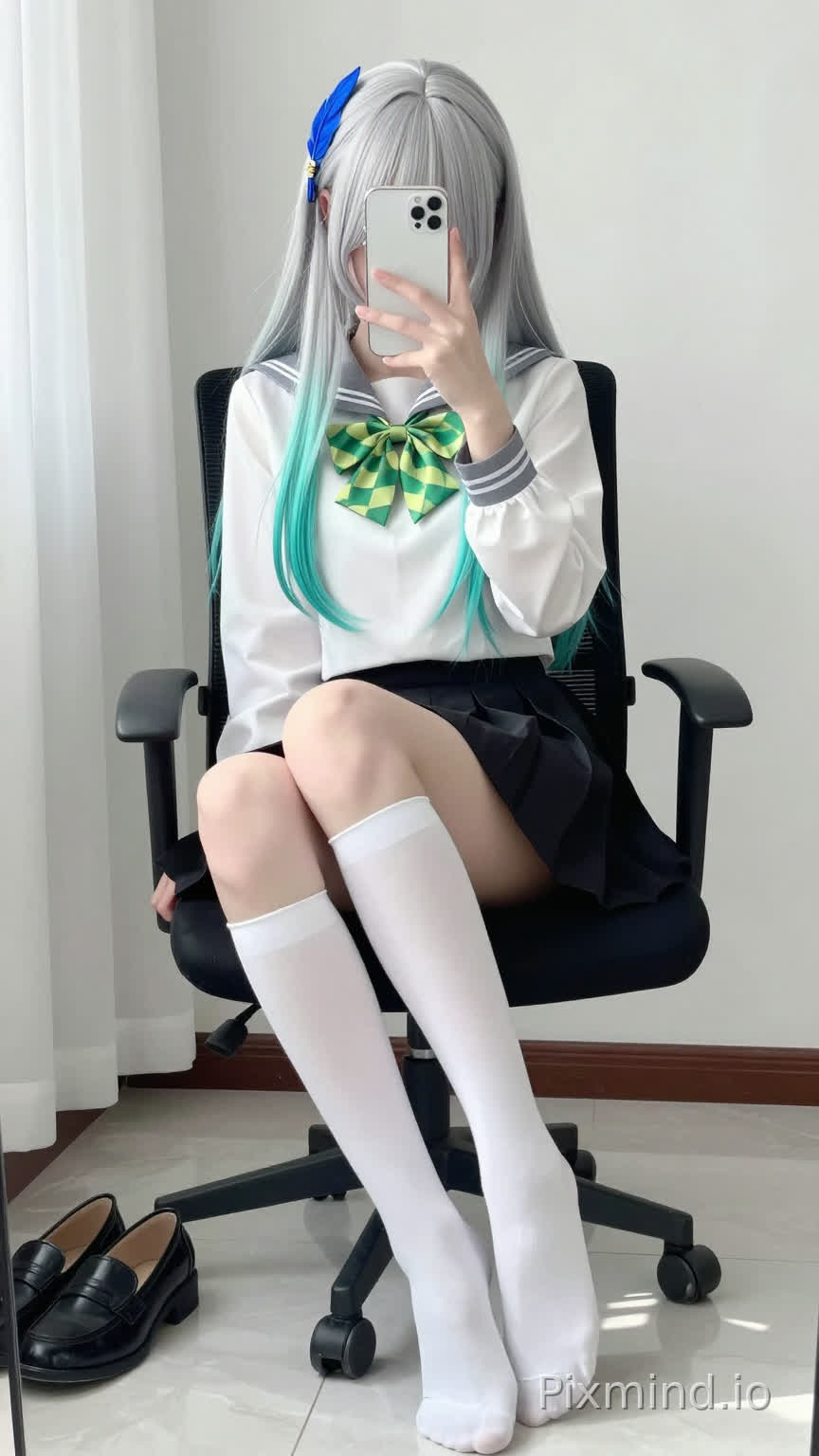 A hyper-detailed anime-style digital illustration of a girl taking a selfie, sitting on an office swivel chair. She has long silver and teal gradient hair (silver roots fading to teal ends), with a blue feather hair accessory clipped to the top of her head; her hair partially covers her eyes. She wears a white school uniform top with a green and yellow checkered bow tie, long sleeves with gray banded cuffs, and a black pleated skirt. She is dressed in white knee-high socks, bare feet, with legs crossed at the ankles. In her left hand, she holds a white smartphone with a dual-camera setup to take a selfie, camera facing forward. The background features soft white sheer curtains, and the floor is light-colored marble tiles. A pair of black loafers lies on the floor beside the chair. Soft natural lighting diffuses through the curtains, casting gentle shadows, with a clean, fresh color palette and a relaxed, casual atmosphere. High detail, ultra-sharp focus on the subject, soft focus on the background, 8k resolution, best quality, anime aesthetic, realistic yet stylized cosplay vibe.
