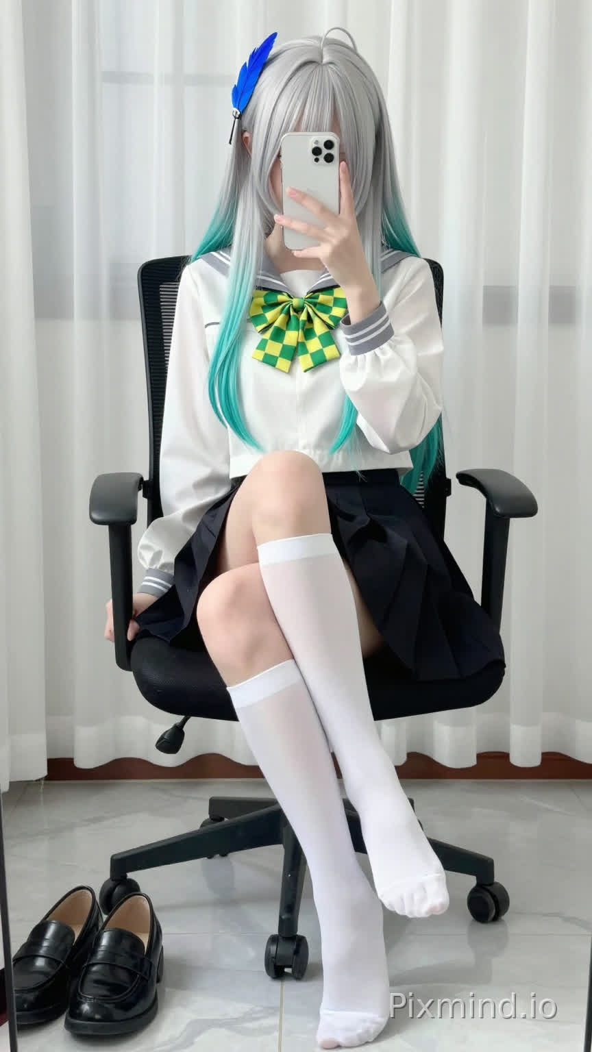 A hyper-detailed anime-style digital illustration of a girl taking a selfie, sitting on an office swivel chair. She has long silver and teal gradient hair (silver roots fading to teal ends), with a blue feather hair accessory clipped to the top of her head; her hair partially covers her eyes. She wears a white school uniform top with a green and yellow checkered bow tie, long sleeves with gray banded cuffs, and a black pleated skirt. She is dressed in white knee-high socks, bare feet, with legs crossed at the ankles. In her left hand, she holds a white smartphone with a dual-camera setup to take a selfie, camera facing forward. The background features soft white sheer curtains, and the floor is light-colored marble tiles. A pair of black loafers lies on the floor beside the chair. Soft natural lighting diffuses through the curtains, casting gentle shadows, with a clean, fresh color palette and a relaxed, casual atmosphere. High detail, ultra-sharp focus on the subject, soft focus on the background, 8k resolution, best quality, anime aesthetic, realistic yet stylized cosplay vibe.