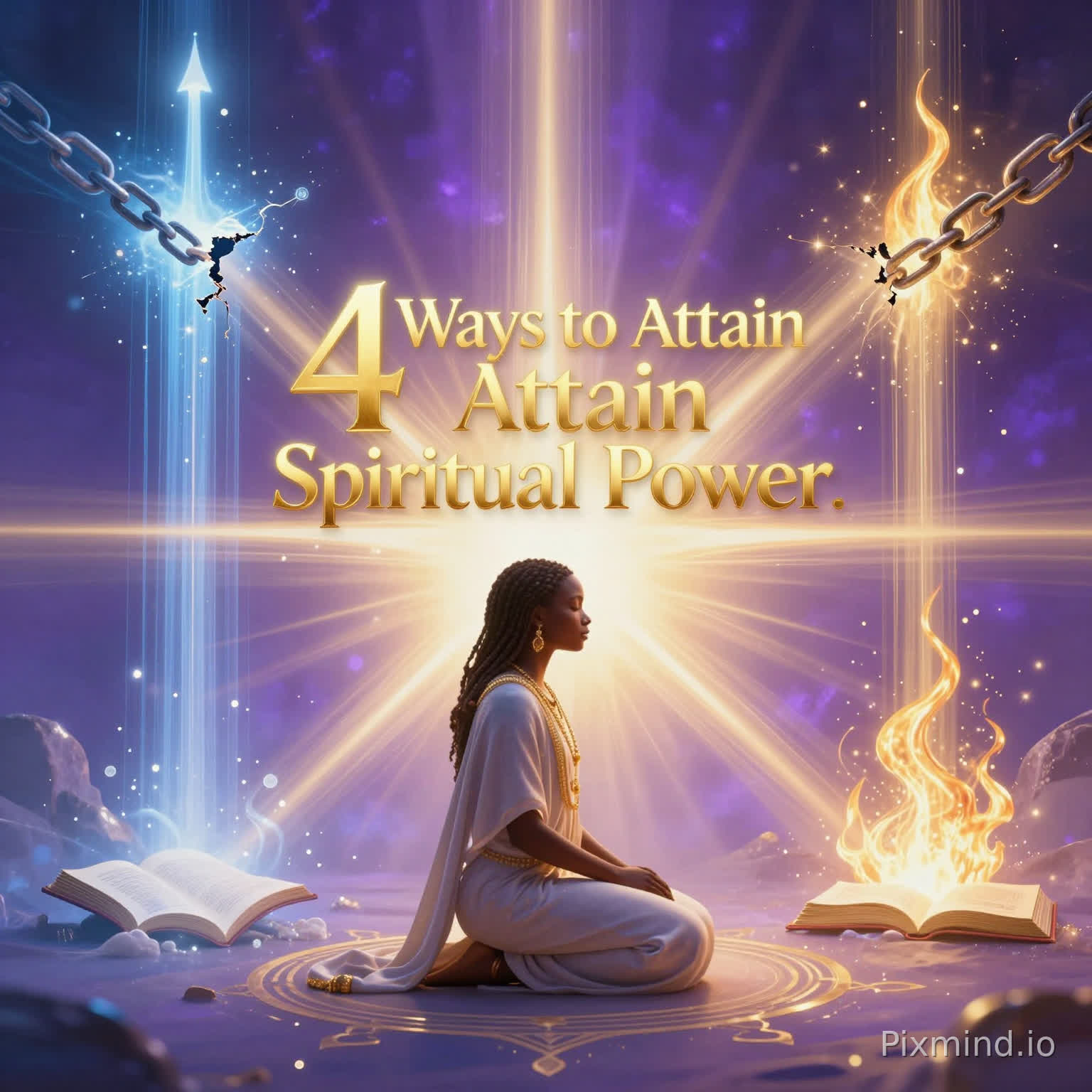 Spiritual Power Image Prompt
A mesmerizing ethereal composition in radiant spiritual colors—vibrant amethyst purples, celestial golds, serene sapphire blues, and luminous pearl whites—featuring four symmetrical glowing quadrants converging on a kneeling Black East African disciple bathed in divine light, symbolizing pathways to profound spiritual strength. Each quadrant pulses with transformative energy: upward beams, breaking chains, cascading blessings, and fiery scriptures, all unified in harmonious divine aura. Centered elegant golden script boldly proclaims: "4 Ways to Attain Spiritual Power." Mystical photorealistic style with high-contrast glows and soft gradients, vertical 9:16 aspect ratio for striking social media devotionals