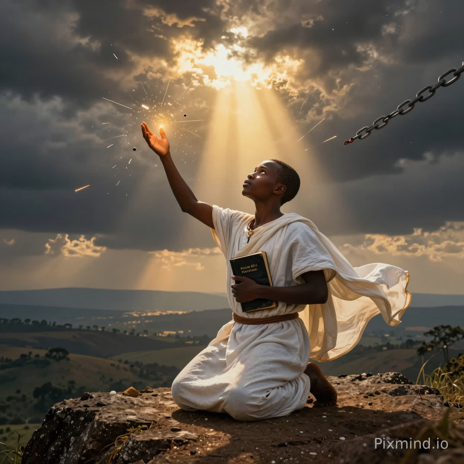 A dramatic, cinematic portrait of a young East African disciple—warm brown skin, determined eyes blazing with fervor, kneeling in total surrender on a rocky mountaintop at dawn, arms outstretched upward as if offering his entire life to the heavens. Golden divine light beams from swirling storm clouds above, piercing his heart like a fiery anointing, with ethereal chains of doubt shattering around him symbolizing unbreakable commitment. His simple white robe billows in the wind, Bible clutched tightly in one hand, rugged Kenyan landscape fading into infinite starry sky behind, evoking Psalms 63:1's thirst for God. Intense, photorealistic style with high contrast lighting, warm golds and deep shadows for emotional depth, vertical 9:16 aspect ratio for social media—perfect for youth discipleship thumbnails.